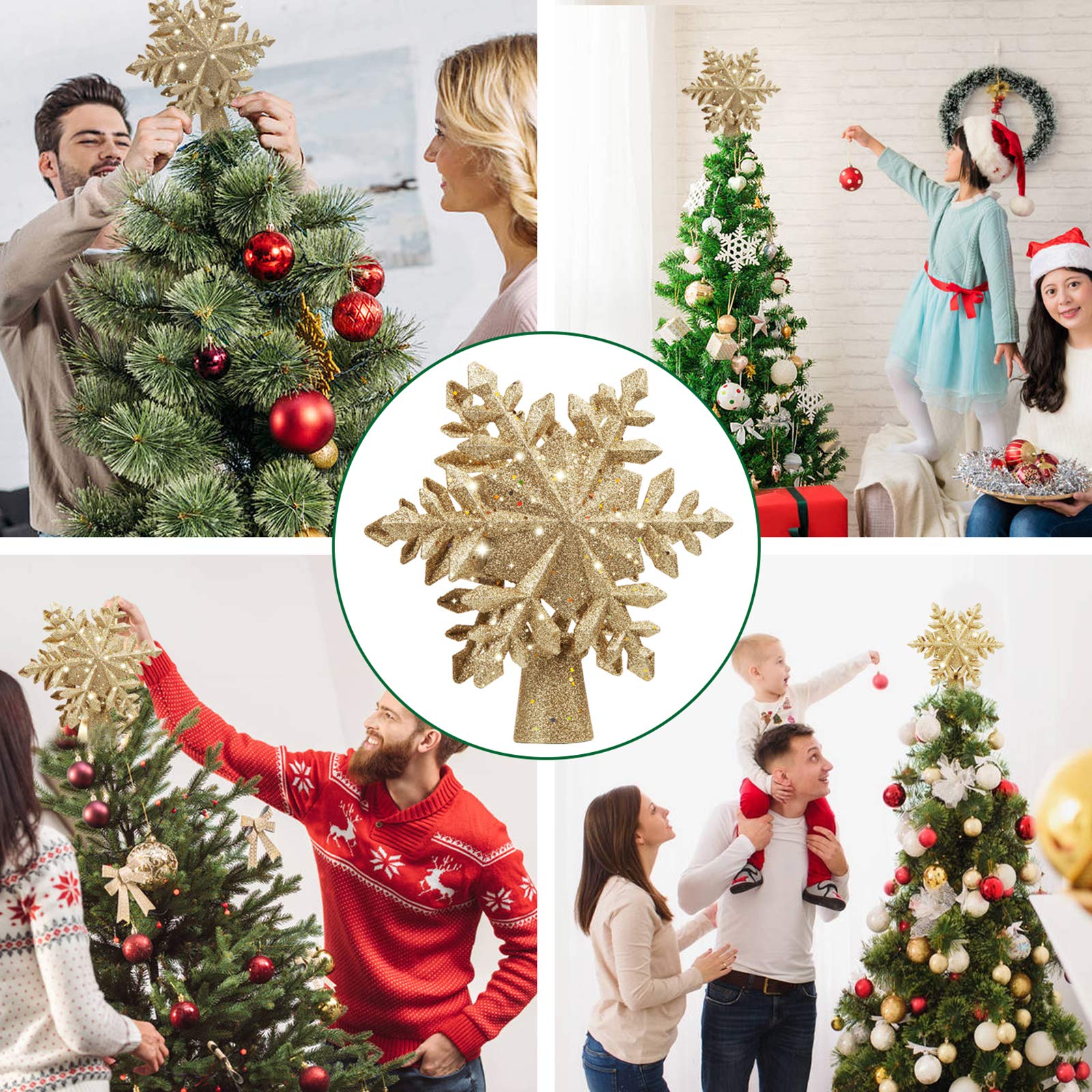 DG-Direct Christmas Tree Topper Lighted with Golden Snowflake Projector, Led Rotating Magic Snowflake, 3D Hollow Glitter Lighted Gold Snow Tree Topper for Christmas Tree Decorations