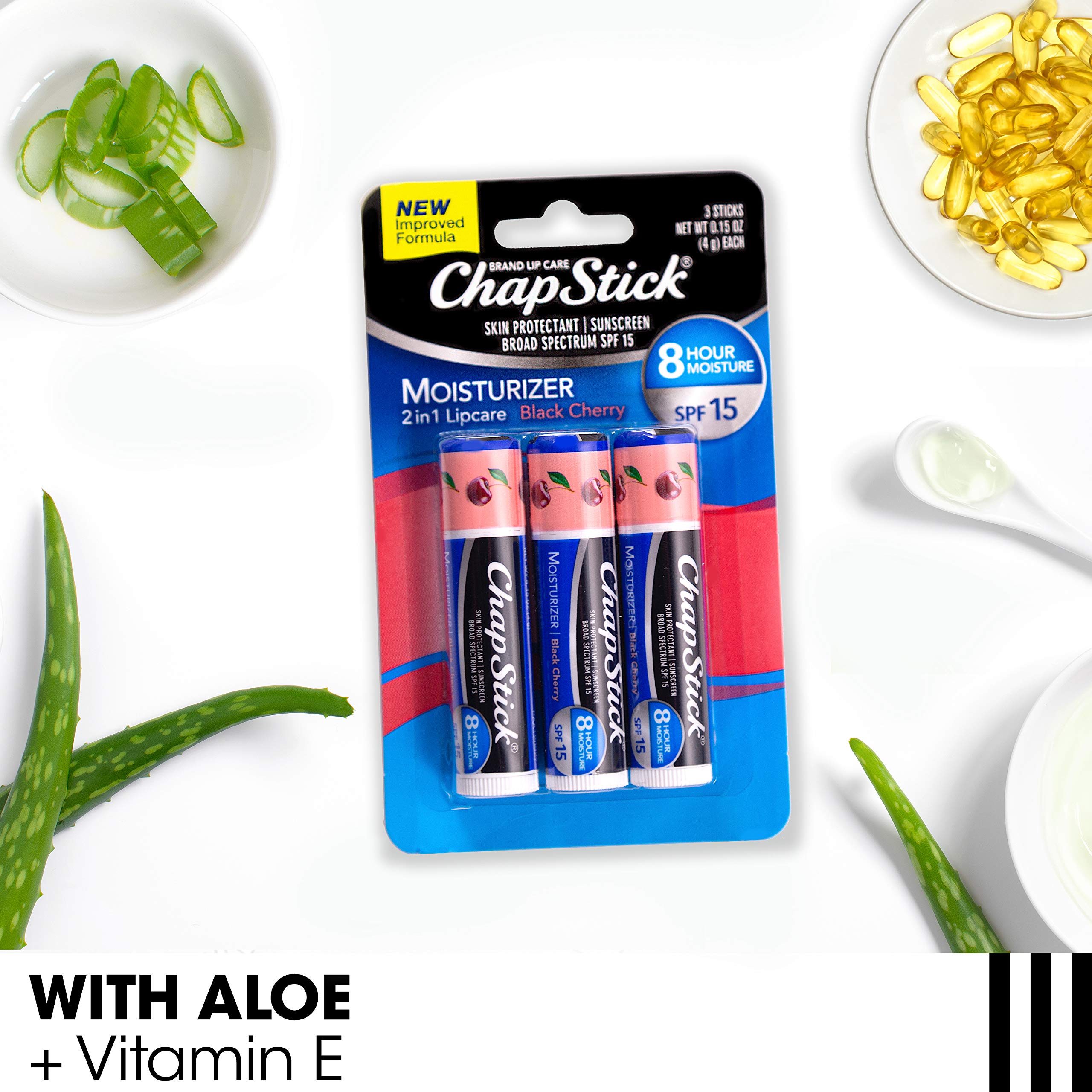 ChapStick Moisturizer 2-in-1 Lipcare SPF 15, Black Cherry, 3-Pack – Sunscreen Lip Balm with Aloe Vera and Vitamin E, 0.15 Oz Ea
