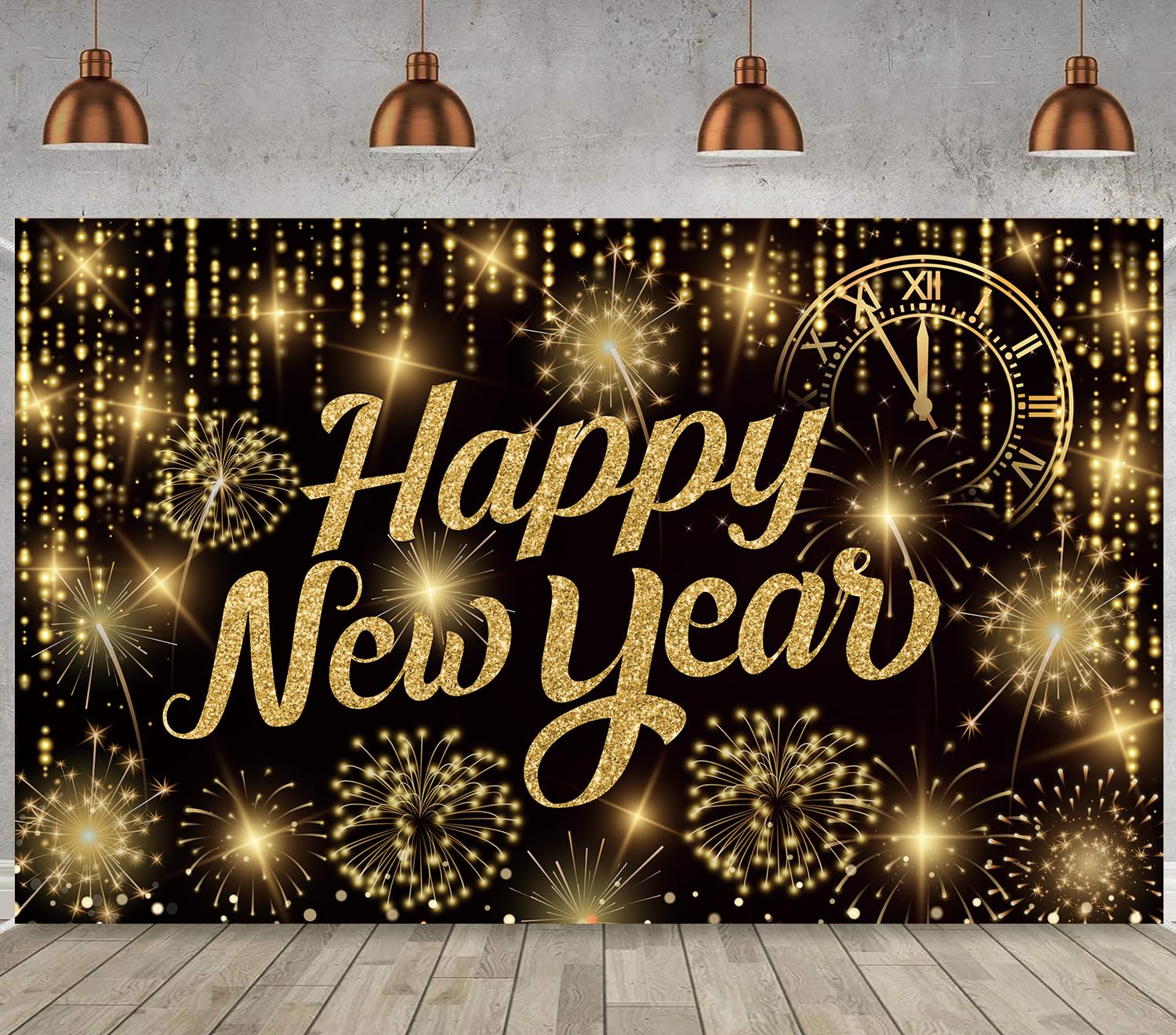 IMISHM 2025 New Years Decorations Black Gold New Years Banner with Firework Pattern New Years Eve Party Decorations New Years Backdrop for New Years Party Decorations