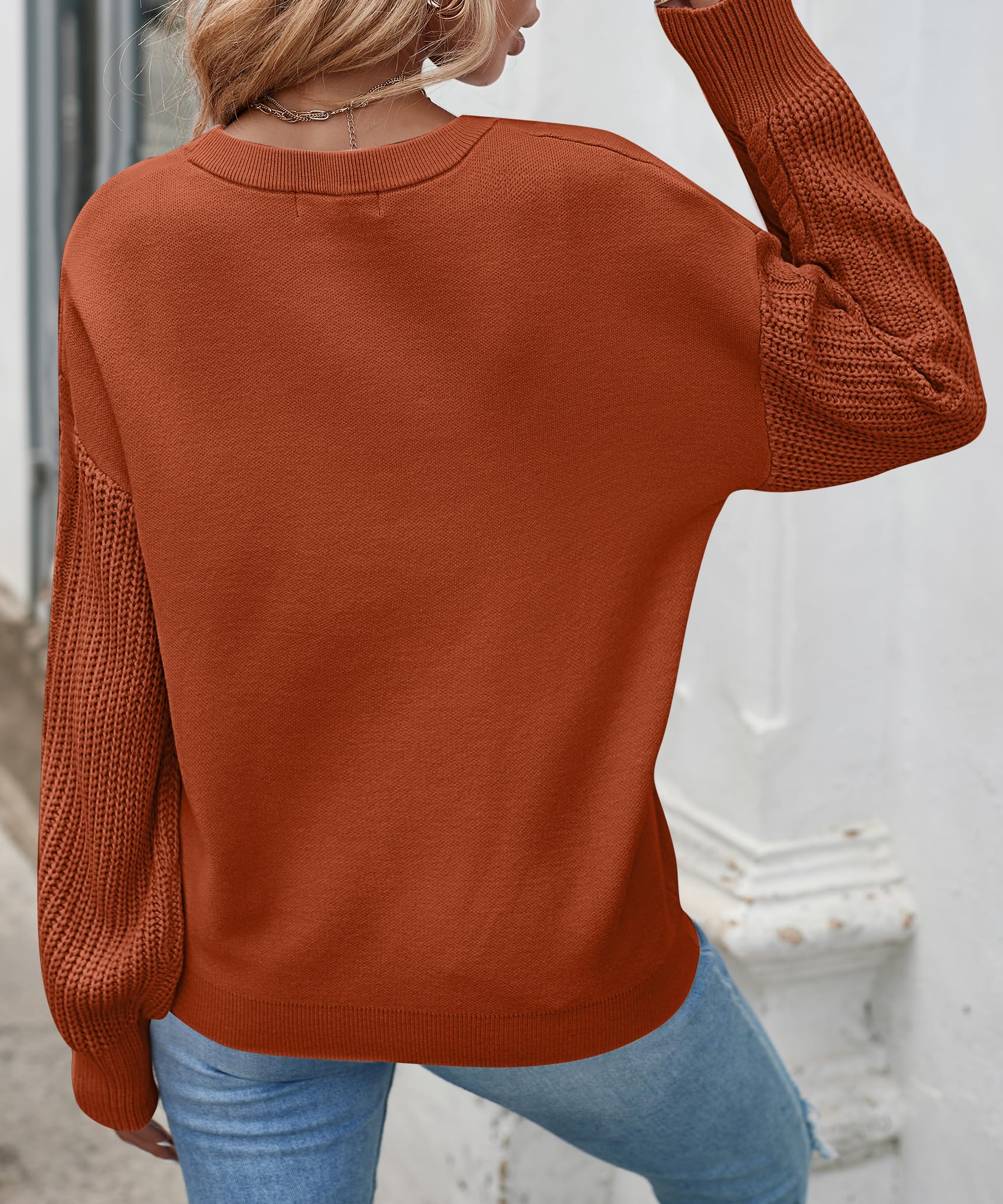 ZESICA Women's 2024 Fall Long Sleeve Crew Neck Solid Color Cable Knit Chunky Casual Oversized Pullover Sweater Tops,DeepOrange,Small