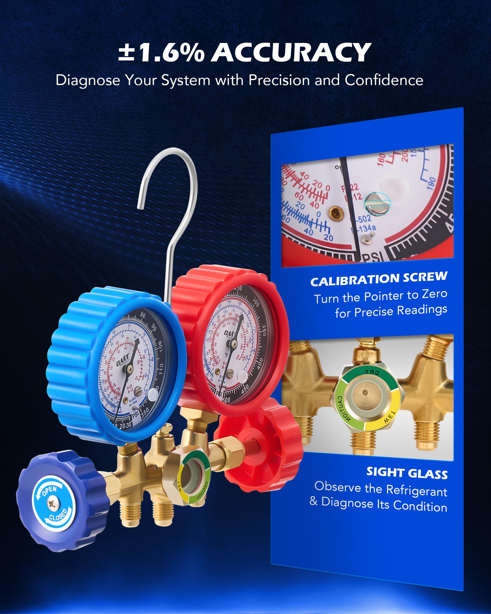 Orion Motor Tech AC Gauges, AC Manifold Gauge Set for R134a R12 R502 Refrigerant, 3 Way Car with 5FT Hoses Couplers & Adapter, Puncturing & Self Sealing Can Tap Freon Charge Kit