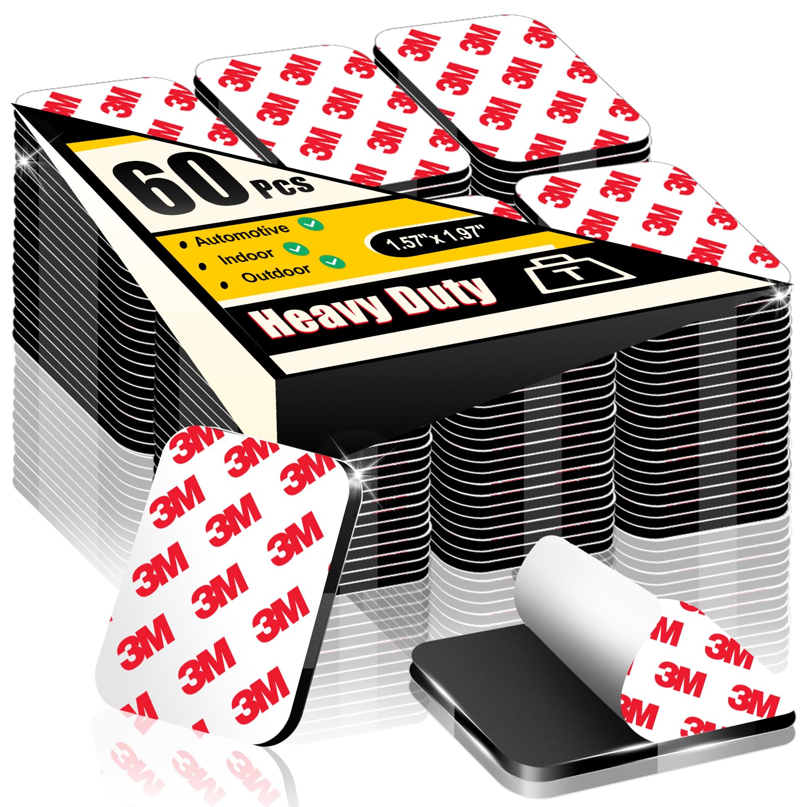 PHIXBEAR 60 Pcs Strong Double Sided Adhesive Pads, Made of 3M, Heavy Duty Square Sticky Mounting Foam Tape for Car Décor Wall, 0.12" Thick Black Sticky Pads 1.57x 1.97
