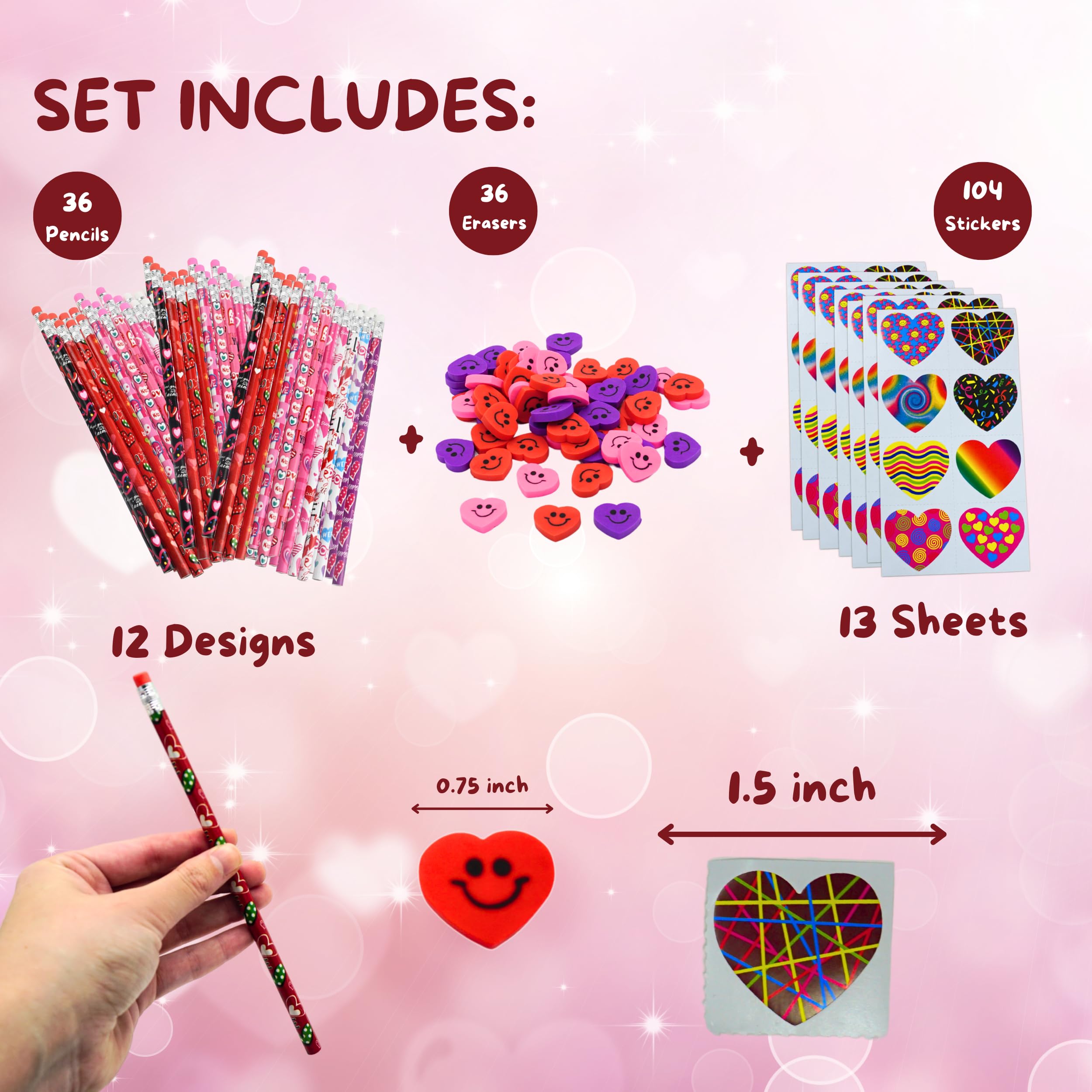 4E's Novelty 36 Set Valentine’s Day Stationary Gifts for Kids - 36 Pencils, 36 Heart Erasers, 104 Stickers - Valentines Classroom Exchange Toys, Class Party Favors From Teacher To Student