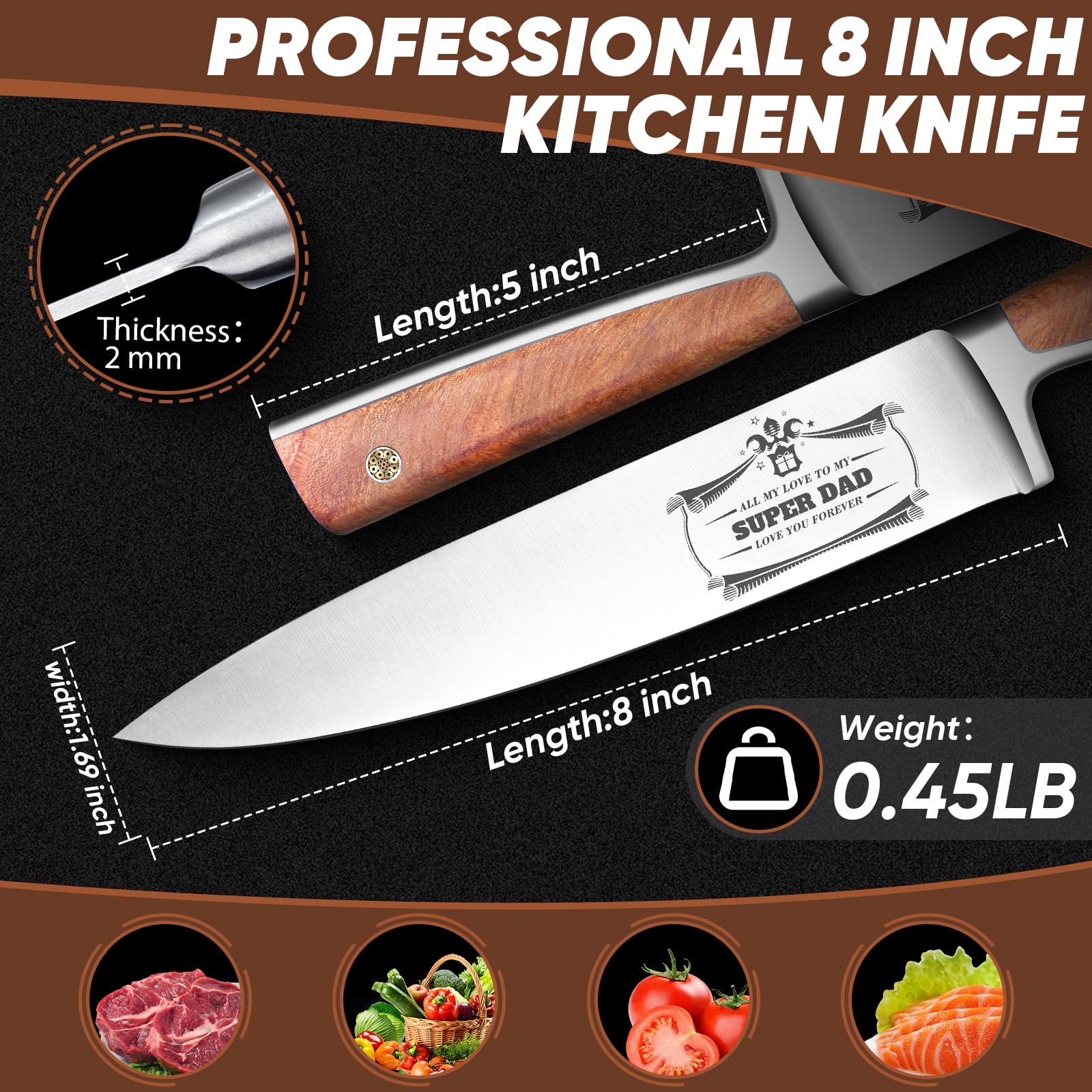 Huusk Birthday Gifts for Dad - 8” Chef Knife with Ergonomic Handle, Dad Birthday Gift from Daughter Son, Kitchen Knife with Gift Box Perfect for Christmas Father’s Day Birthdays