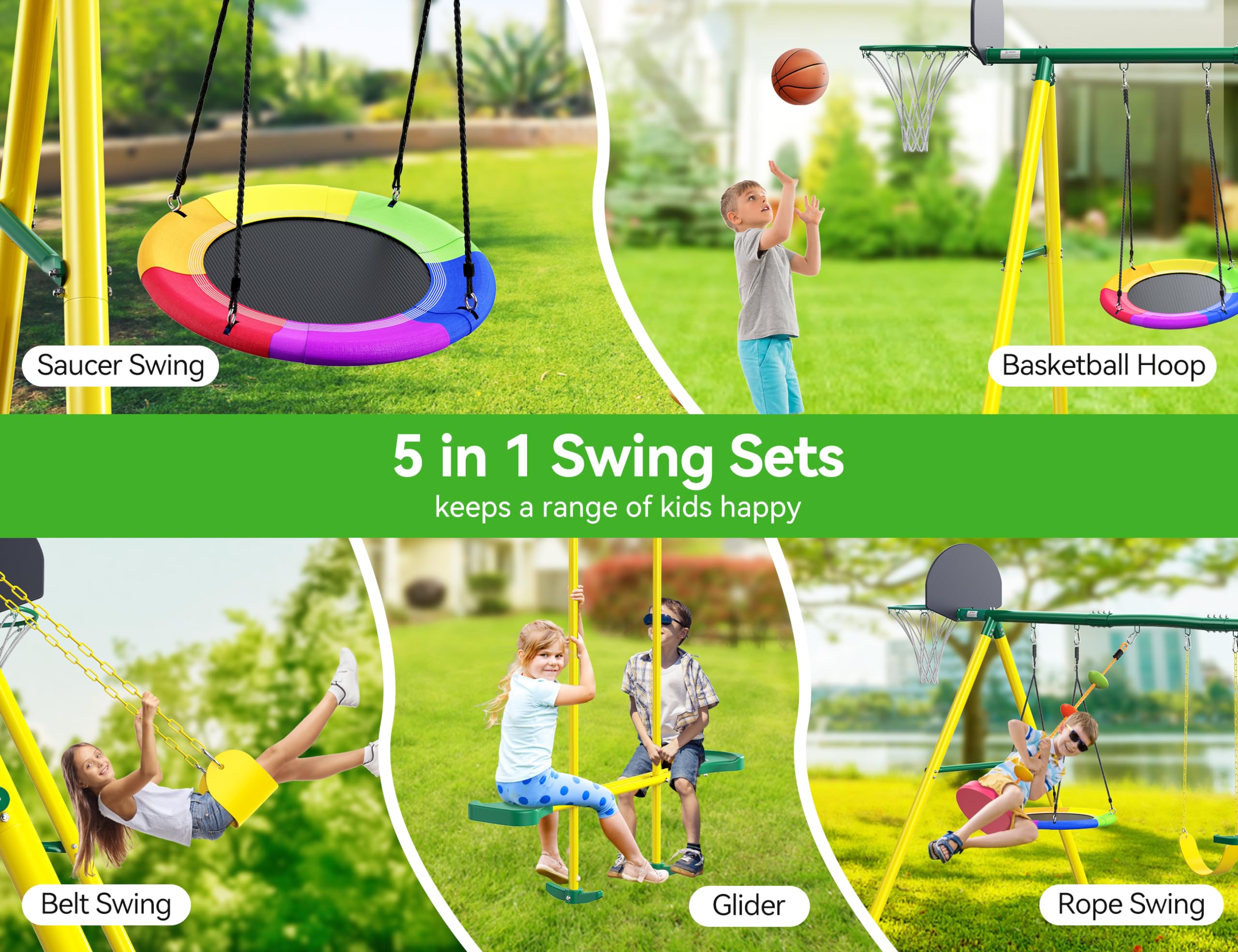 Osoeri Swing Sets for Backyard, 5-in-1 Kids Swing Set, Outdoor Swing Set with Saucer Swing, Glider, Rope Swing, and Basketball Hoop