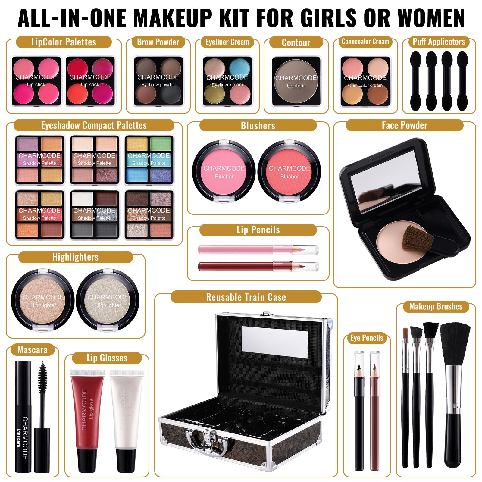 Makeup Kit for Teen Girls & Women Full Kit, Beauty Train Case with Starter Cosmetics Set, Make Up Valentine's Day Gift Box with Eyeshadow,Lipgloss,Highlight,Blush,Lip&Eye Pen,Brush & More(GoldenBrown)