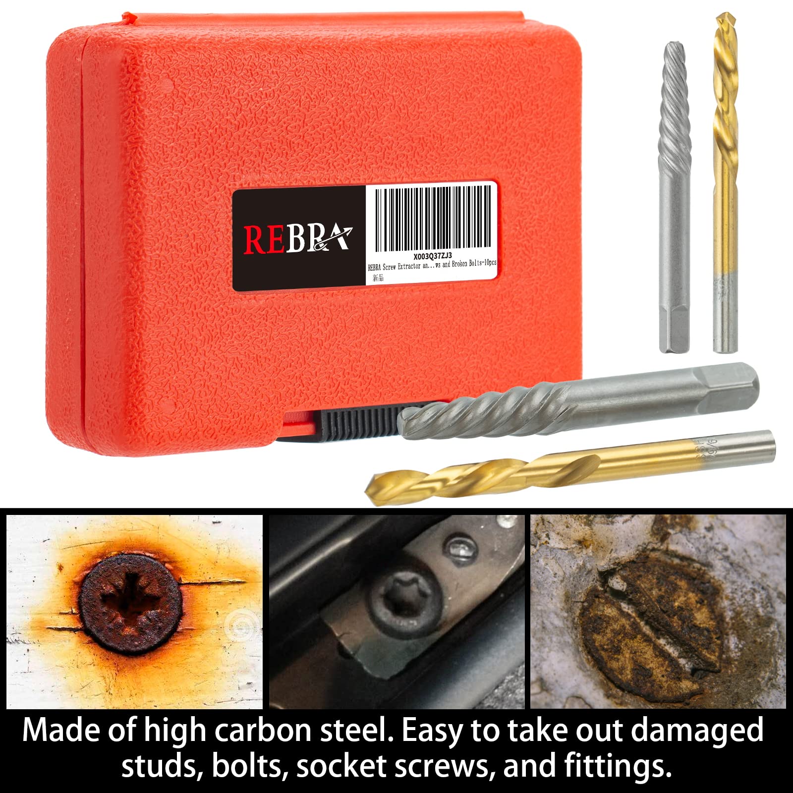Screw Extractor Set, 37# Cr-Mo & 6542 HSS Steel Cobalt Left-Hand Drill Bit, Easy Out Broken Bolt Remover Reverse, Ez Out Stripped, Rounded-Off, Damaged Bolts, Screws&Studs Removal Tool (10-Pieces)