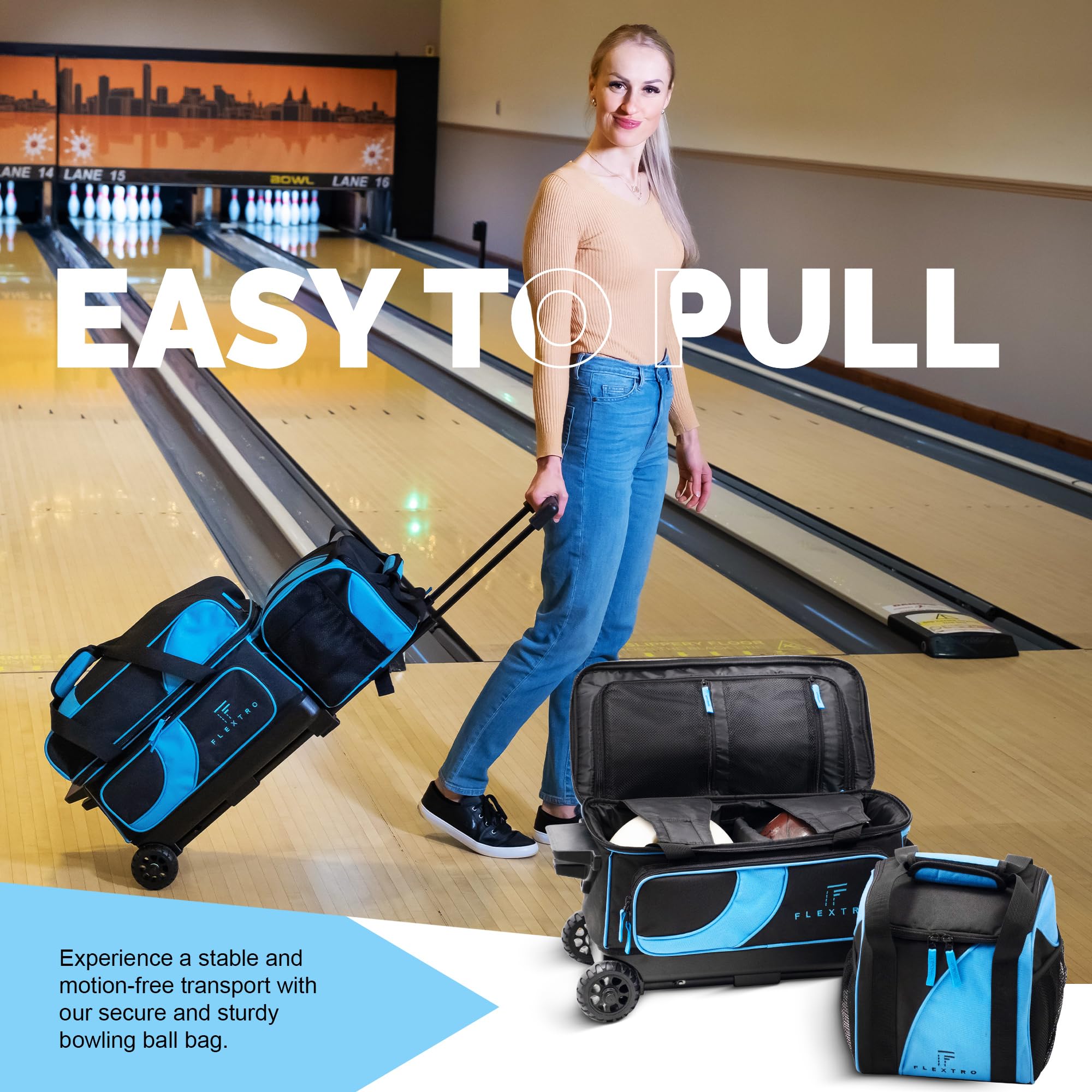 Flextro 2 Ball Bowling Bag with Wheels PLUS Single Ball Bowling Bag; 2 Ball Double Roller Trolley with Compartments for Bowling Equipment and Shoes (Black & Blue)