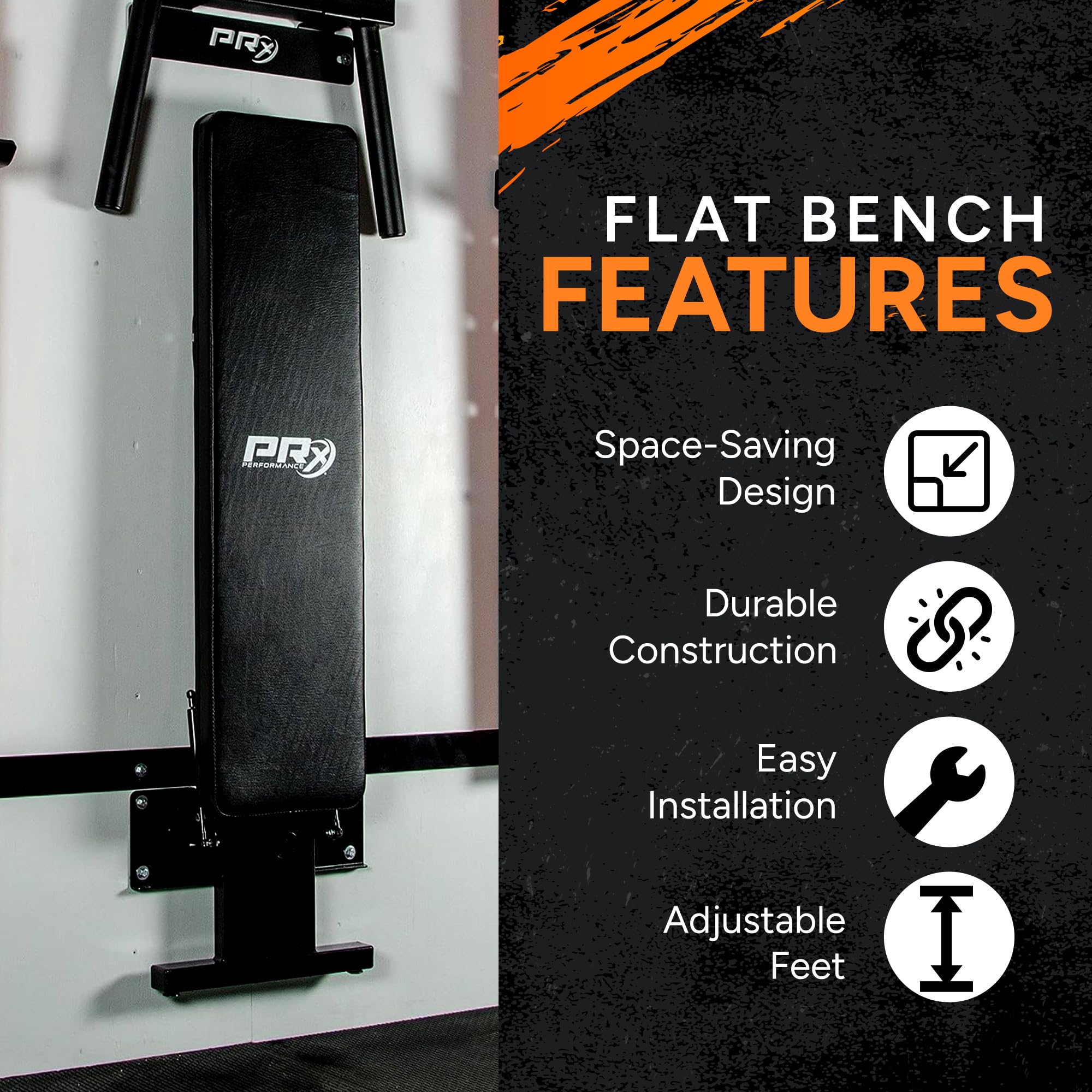 PRx Performance Folding Wall Mounted Flat Weight Bench - Home Gym Equipment, Space-Saving Workout Bench, Full Body Exercise, Weightlifting, Bench Press Seat, Ideal For Gym Enthusiasts - Black