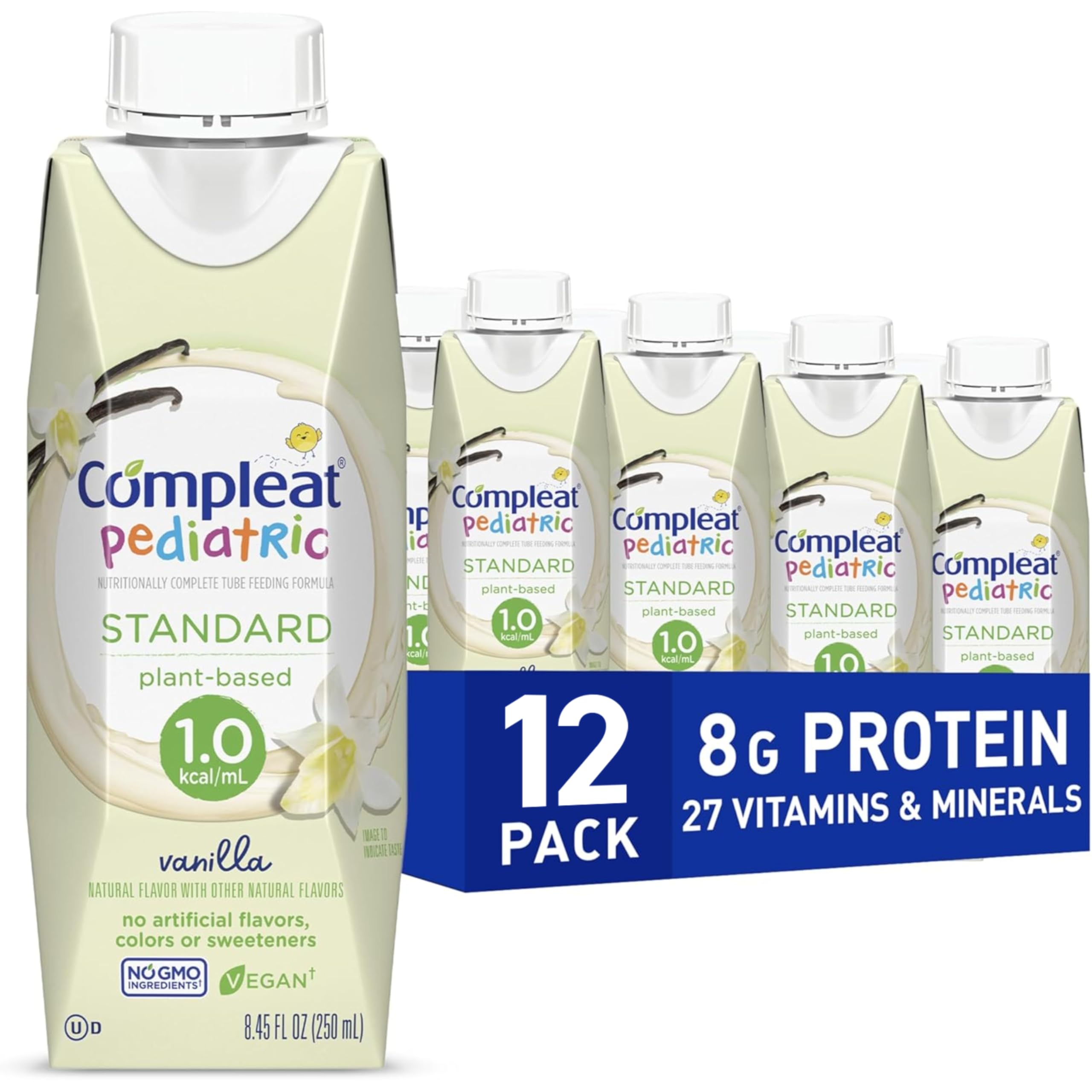 Compleat Pediatric Standard 1.0 Plant-Based Vanilla Nutrition Shake, 8g of Protein, 27 Vitamins & Minerals - Vegan Tube Feeding Formula, 8.45 Fl Oz (Pack of 12)