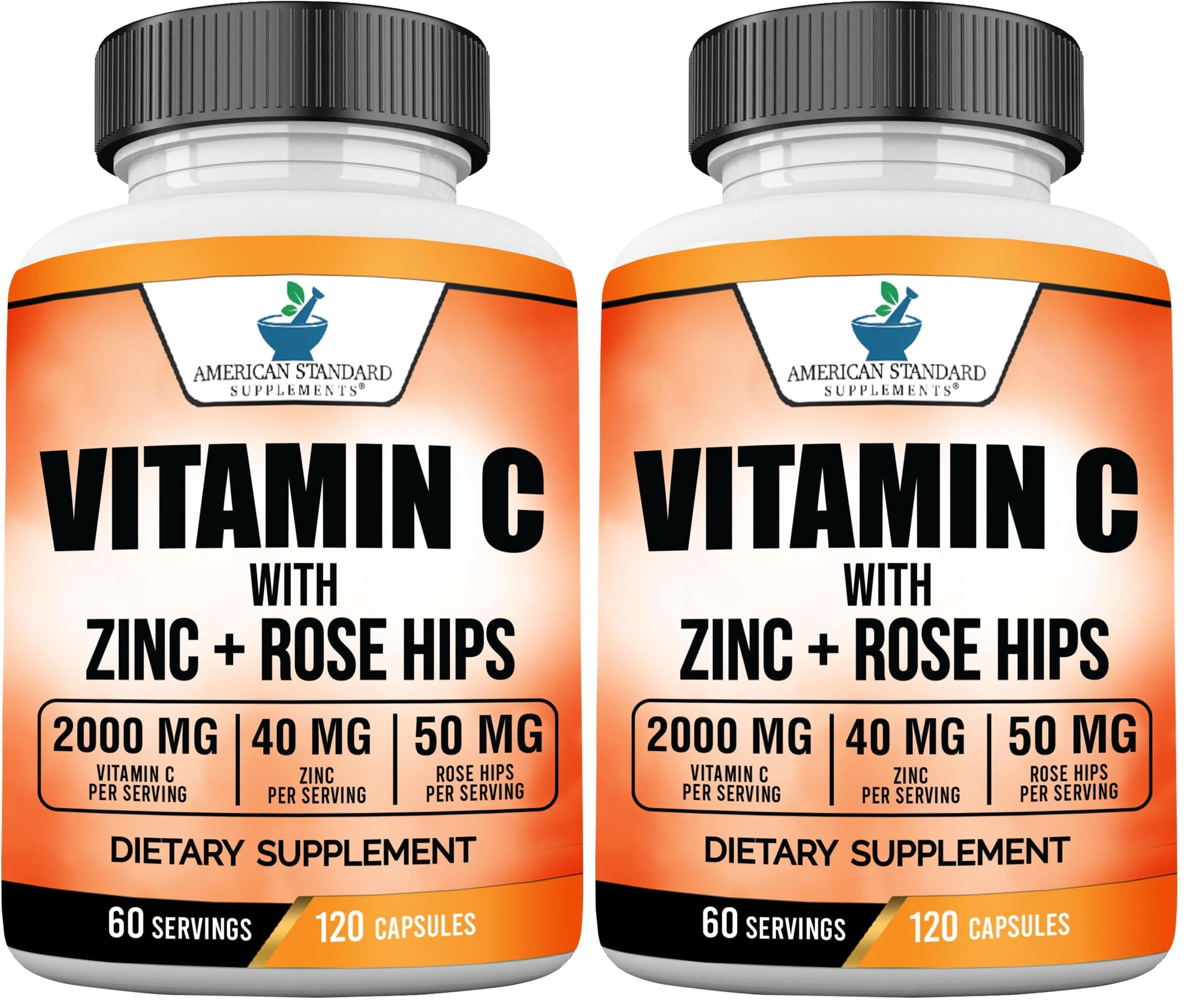 American Standard Supplements Vitamin C 2000mg, Zinc 40mg, and Rose HIPS 50mg Per Serving – Vegan, Gluten Free, Non-GMO (120 Count) (Pack of 2)