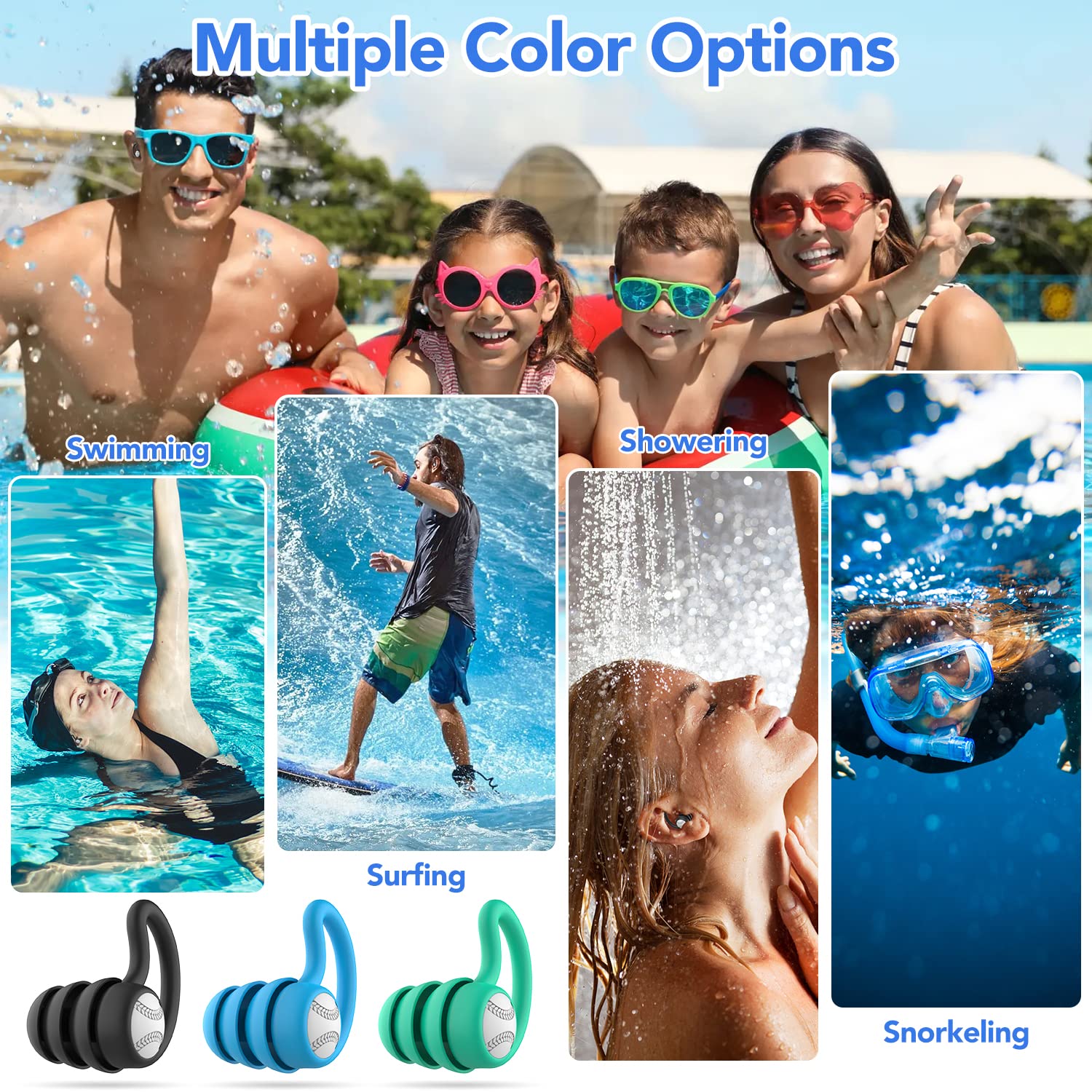 Swimming Ear Plugs Waterproof Earplugs - 3 Pairs Silicone Swim Ear Plugs for Adult Kids, Water Sports Earplugs for Showering, Bathing, Surfing - Keep Ear Water Out.