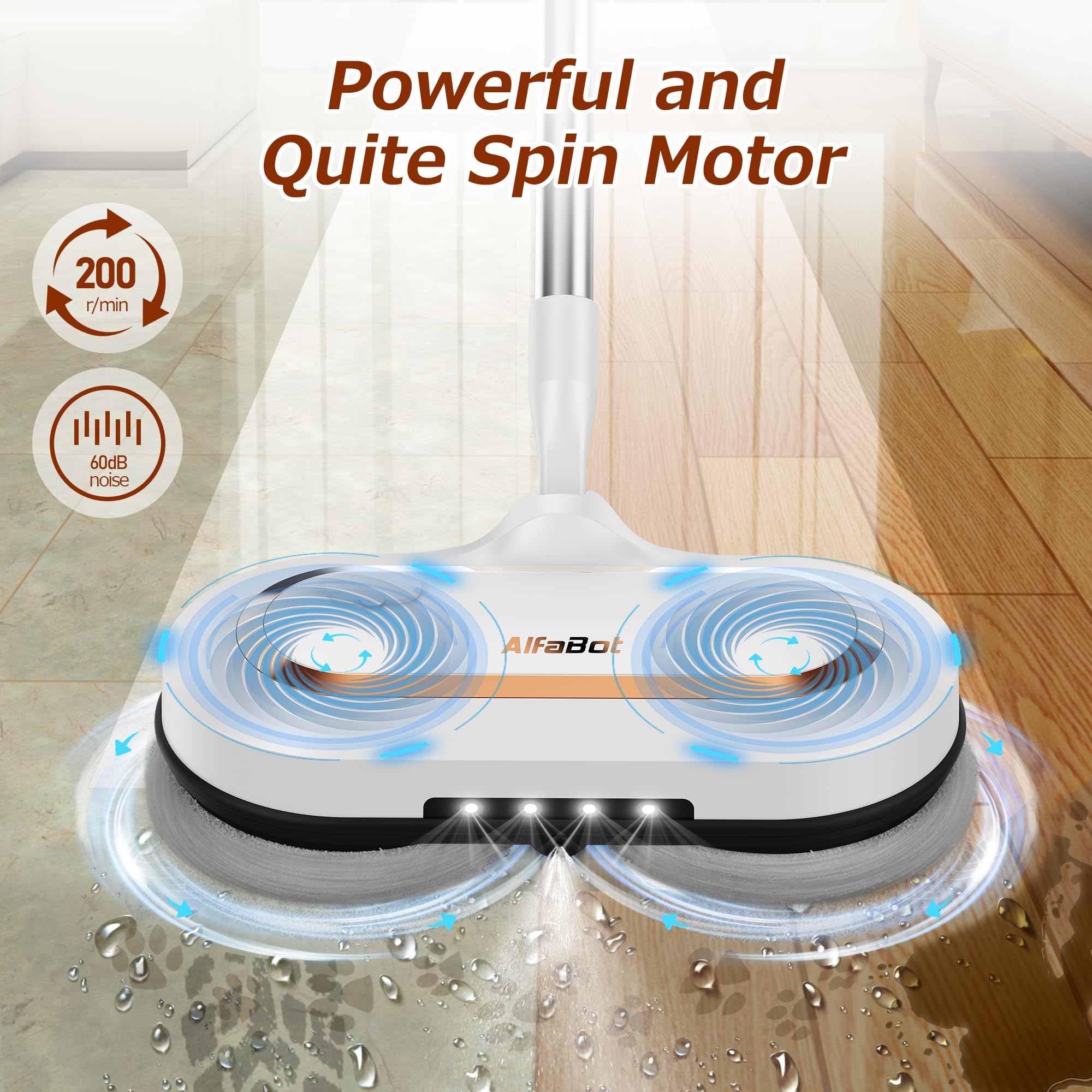 Electric Mop, AlfaBot S2 Cordless Spin Mop for Floor Cleaning, with LED Headlight and Sprayer/400ML Big Tank/60 Mins Runtime, Lightweight Floor Scrubber for Hardwood Floors, Tile, Laminate