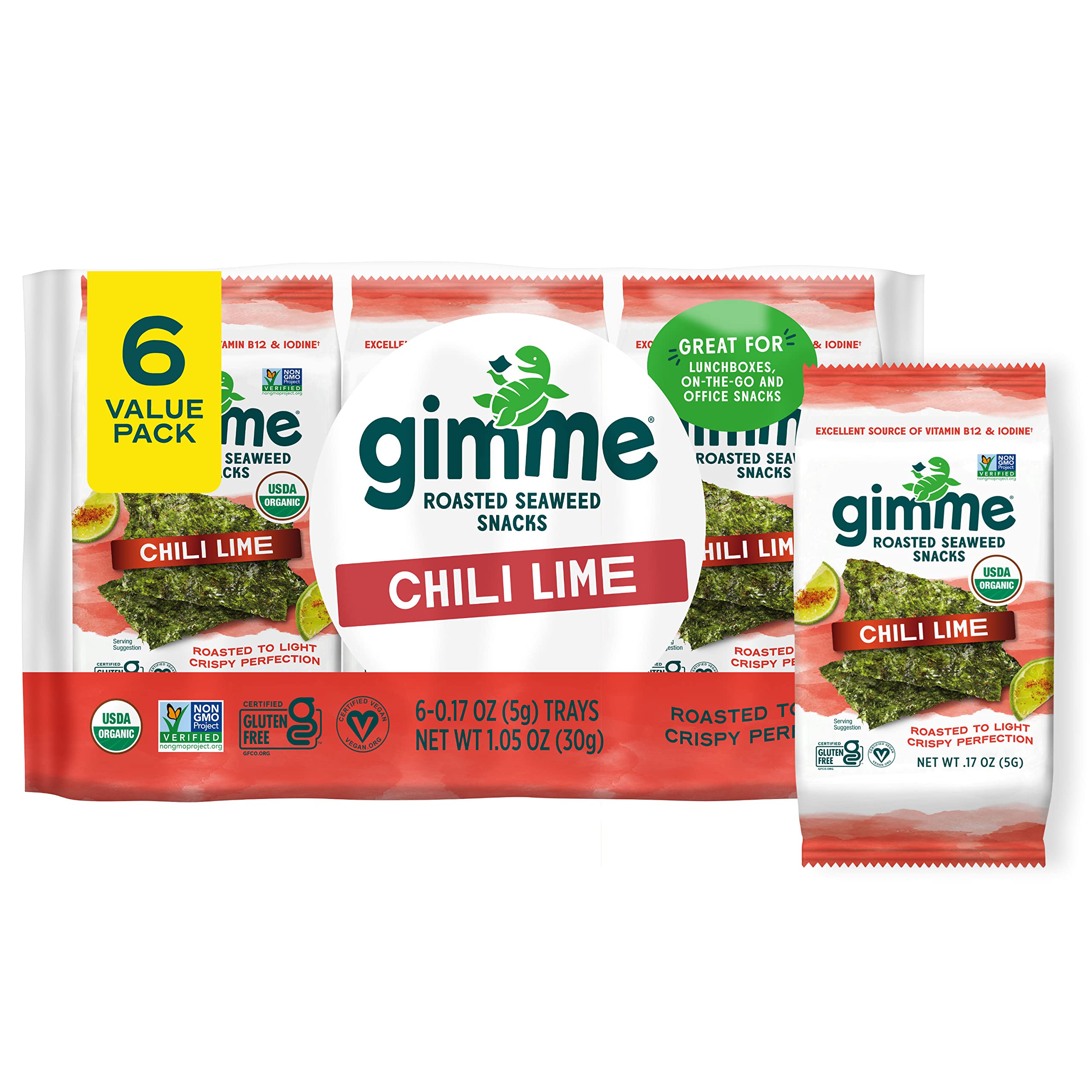 Gimme Seaweed - Chili Lime - 6 Count - Organic Roasted Seaweed Sheets - Keto, Vegan, Gluten Free - Great Source of Iodine & Omega 3’s - Healthy On-The-Go Snack for Kids & Adults