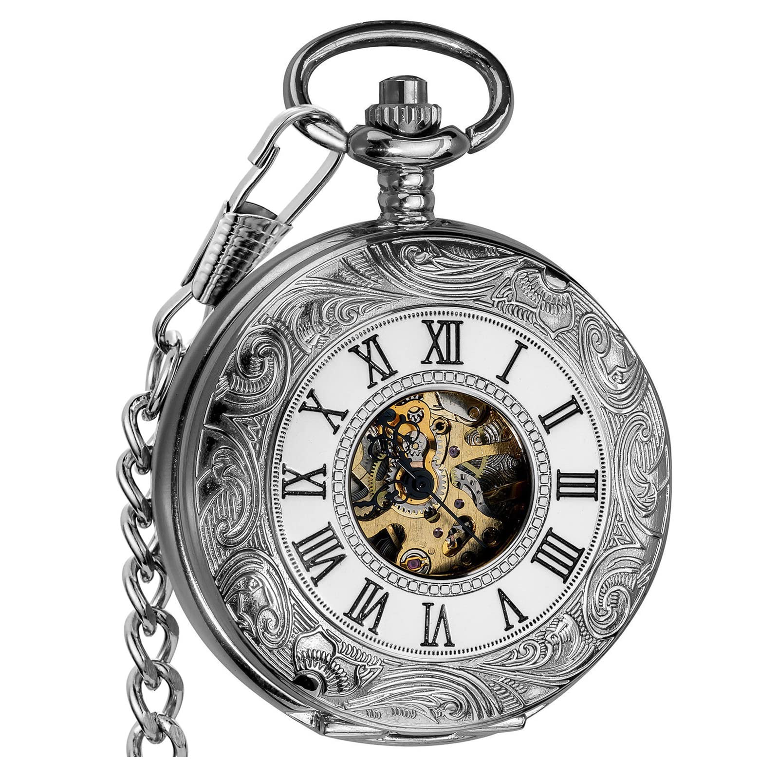 VIGOROSO Mens Pocket Watch with Chain Half Hunter Double Cover Skeleton Mechanical Men Watches Roman, Dad Christmas Gifts for Fathers Day