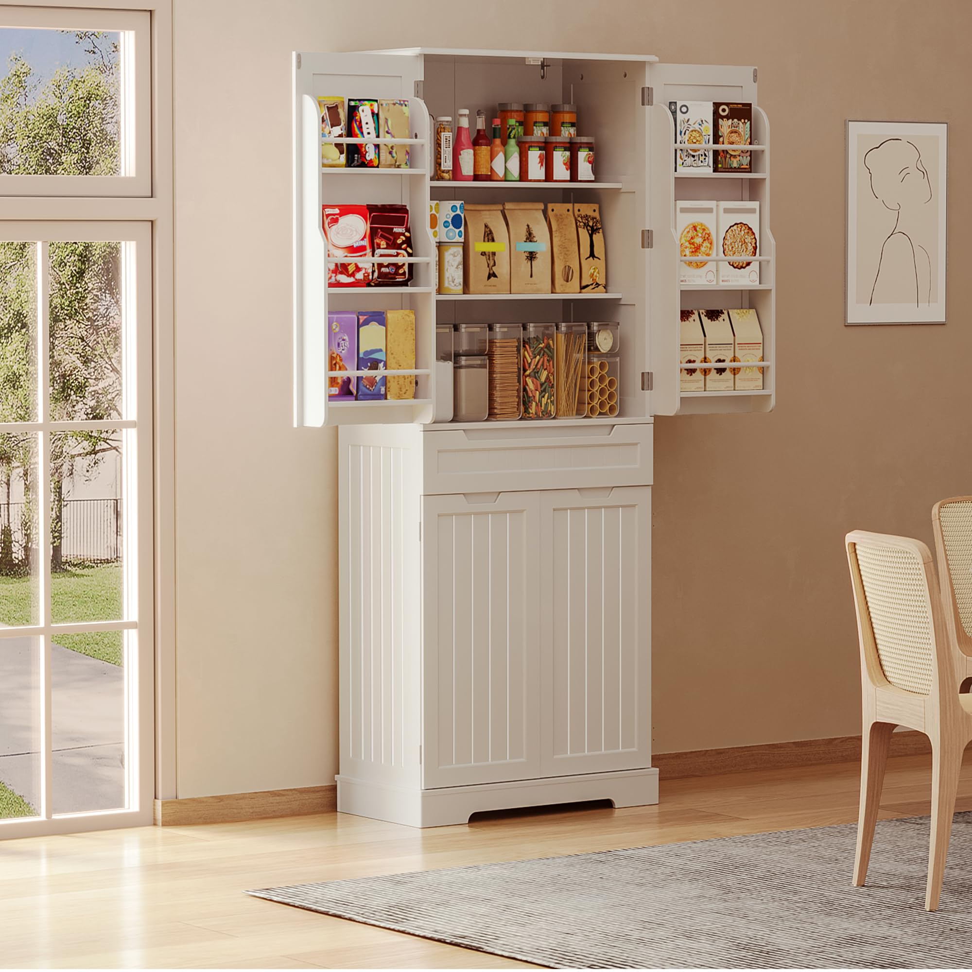 Gizoon 64" Tall Kitchen Pantry Cabinet with Doors and Shelves Large Stand Up Pantry Storage Cabinet with Drawer Large Food Cupboard for Kitchen Bathroom Craft Room, White