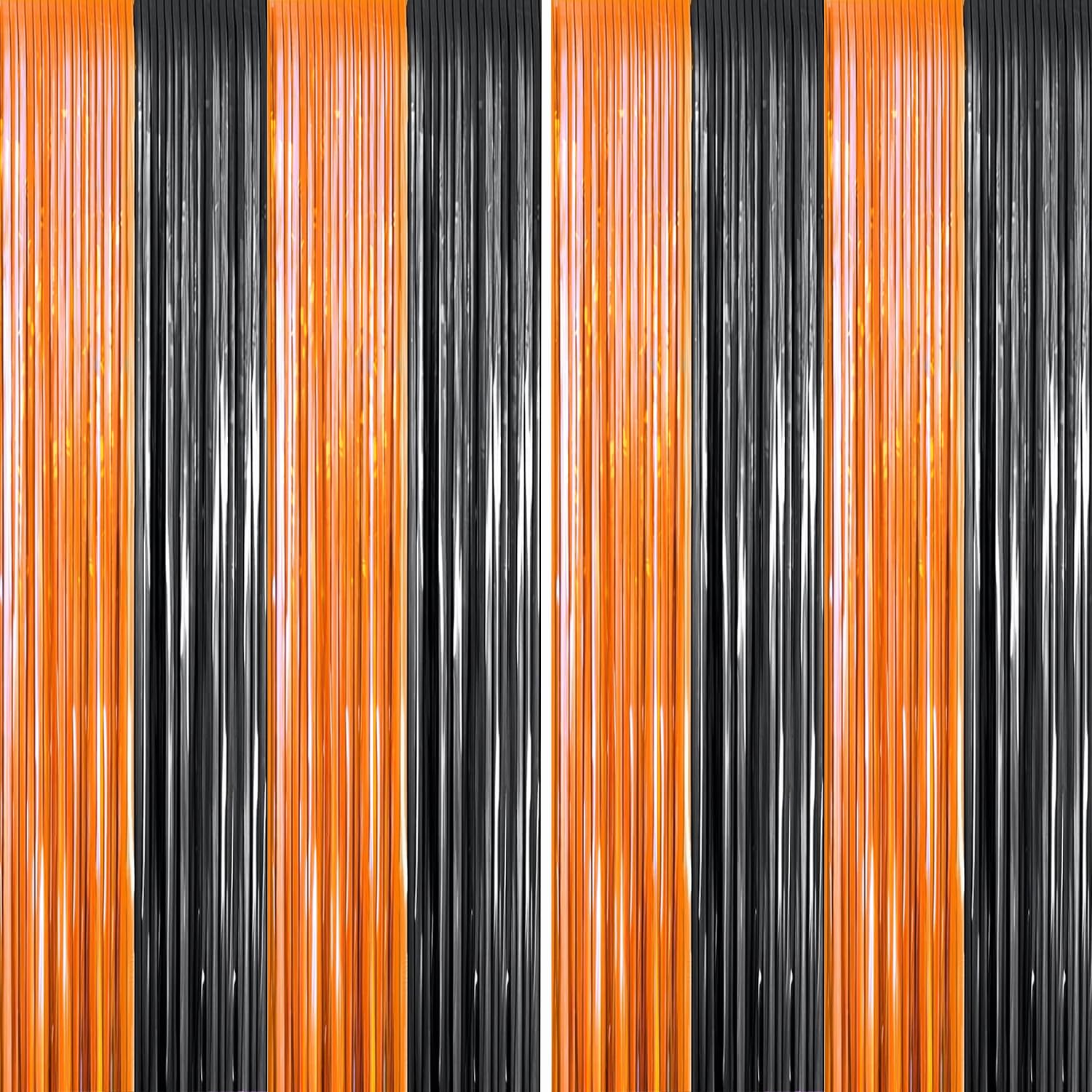 2 Packs 3ft x 8.4ft Orange Black Metallic Tinsel Foil Fringe Curtains Photo Booth Props for Halloween Birthday Bridal Shower Baby Shower Bachelorette Holiday Celebration Party Decorations