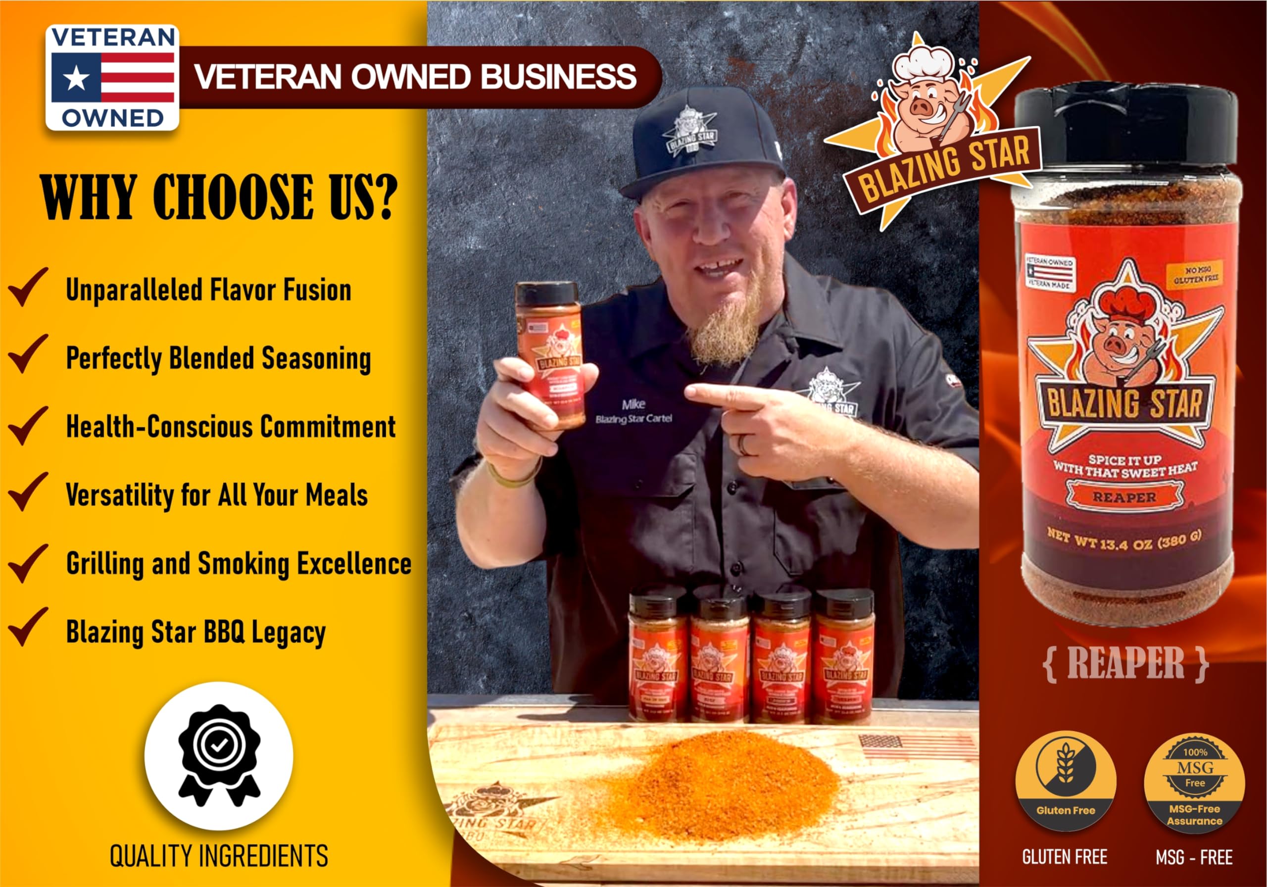 Blazing Star Reaper Rub – Balanced Sweet Heat Seasoning with Carolina Reaper Peppers – Perfect BBQ Rub for Ribs, Wings, Chicken, Pork, and Even Fruit – Veteran Owned (13.4 oz)