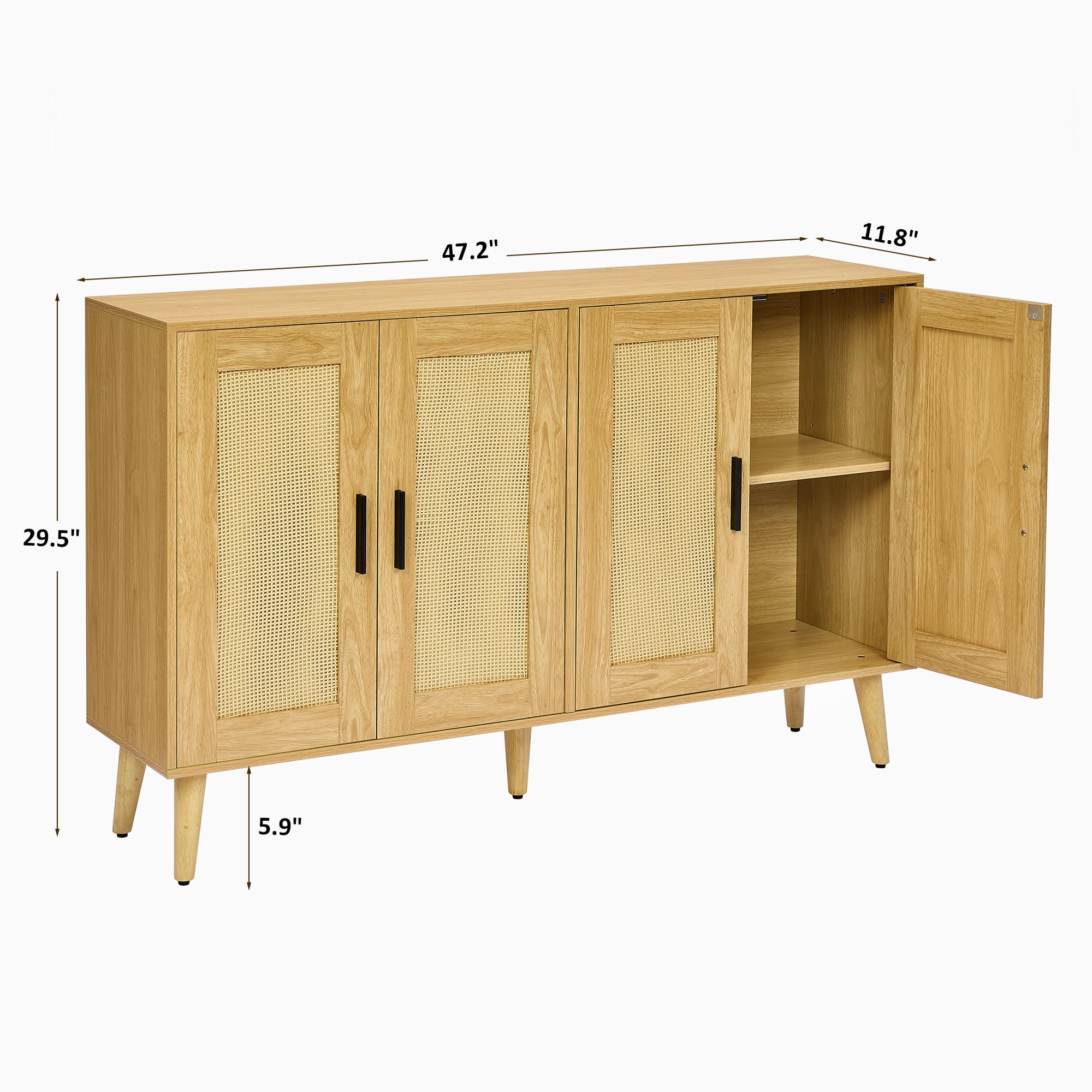 HOMSHO Rattan Sideboard Buffet Cabinet with Double Doors and Adjustable Shelves, Boho Floor Storage Cabinet, Accent Cabinet for Dining Room, Living Room, Hallway, 47.2"x 11.8"x 29.5", Natural