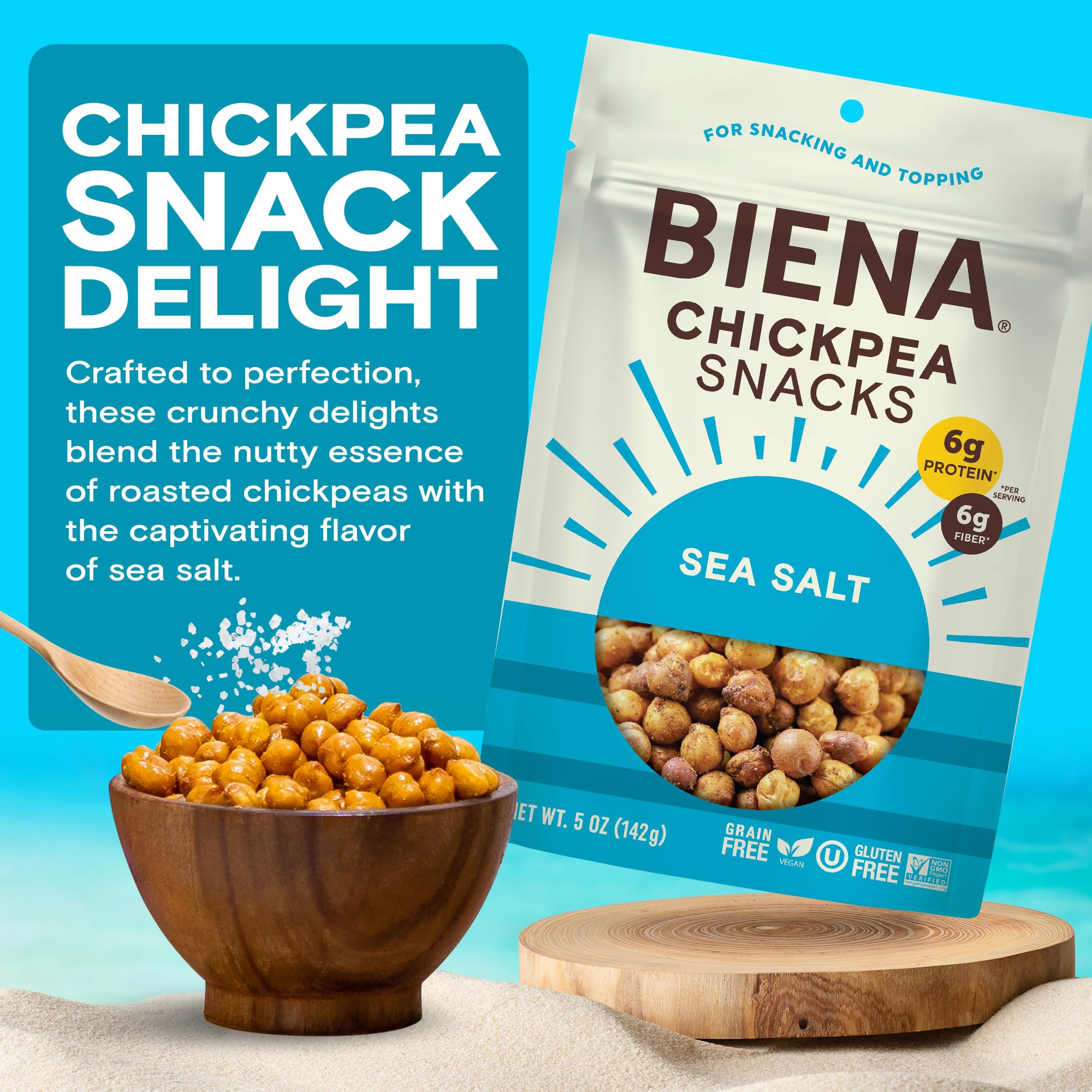 BIENA Chickpea Snacks - Crunchy Roasted Chickpeas - High Fiber Vegan Protein Snacks for Adults and Kids - 8-Pack, 5 Ounce Bags - Sea Salt