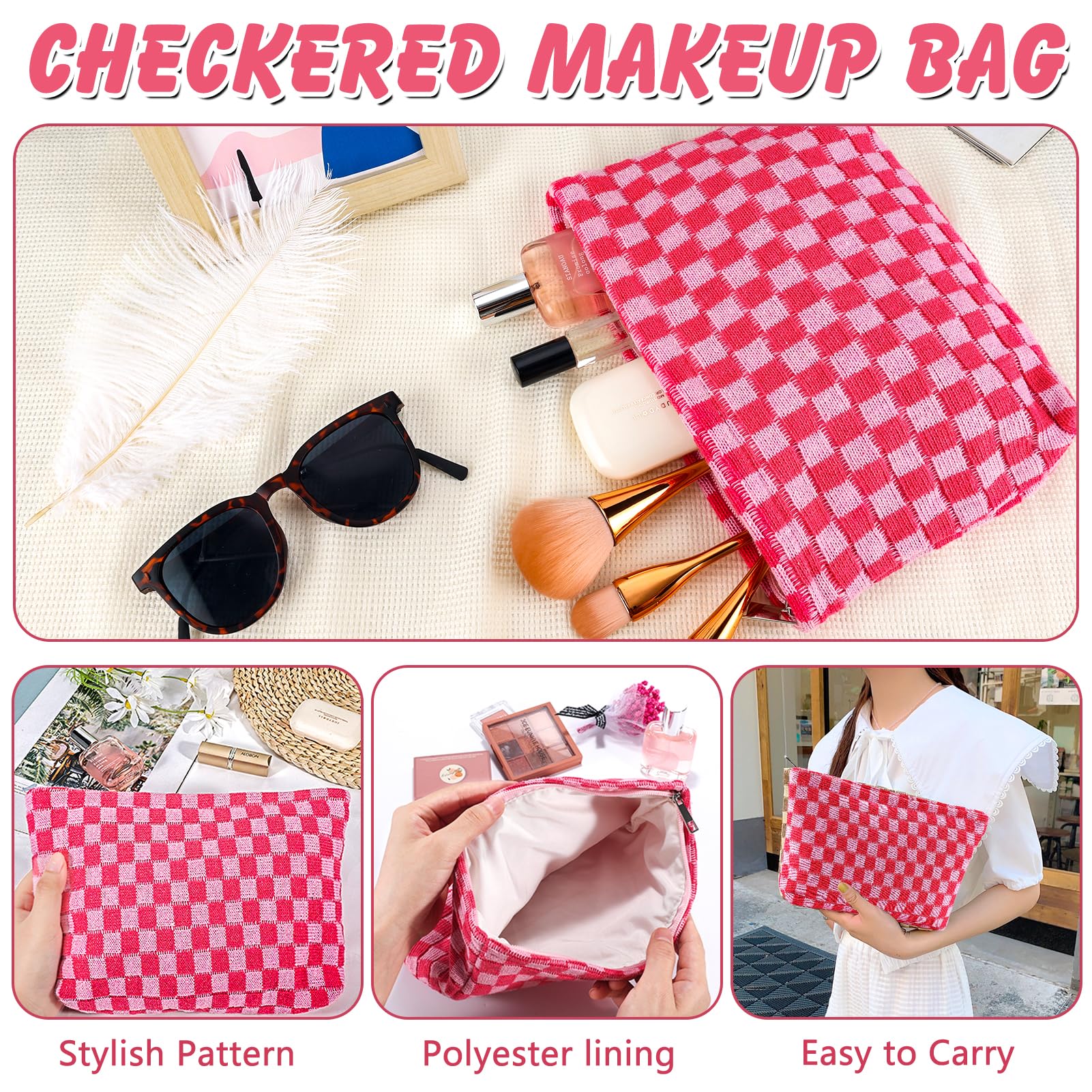 Checkered Makeup Bag for Women Large Capacity Hot Pink Travel Cosmetic Bag Makeup Pouch for Purse Zipper Toiletry Organizer Cute Y2K Aesthetic Trendy Adults Makeup Brushes Storage Bag