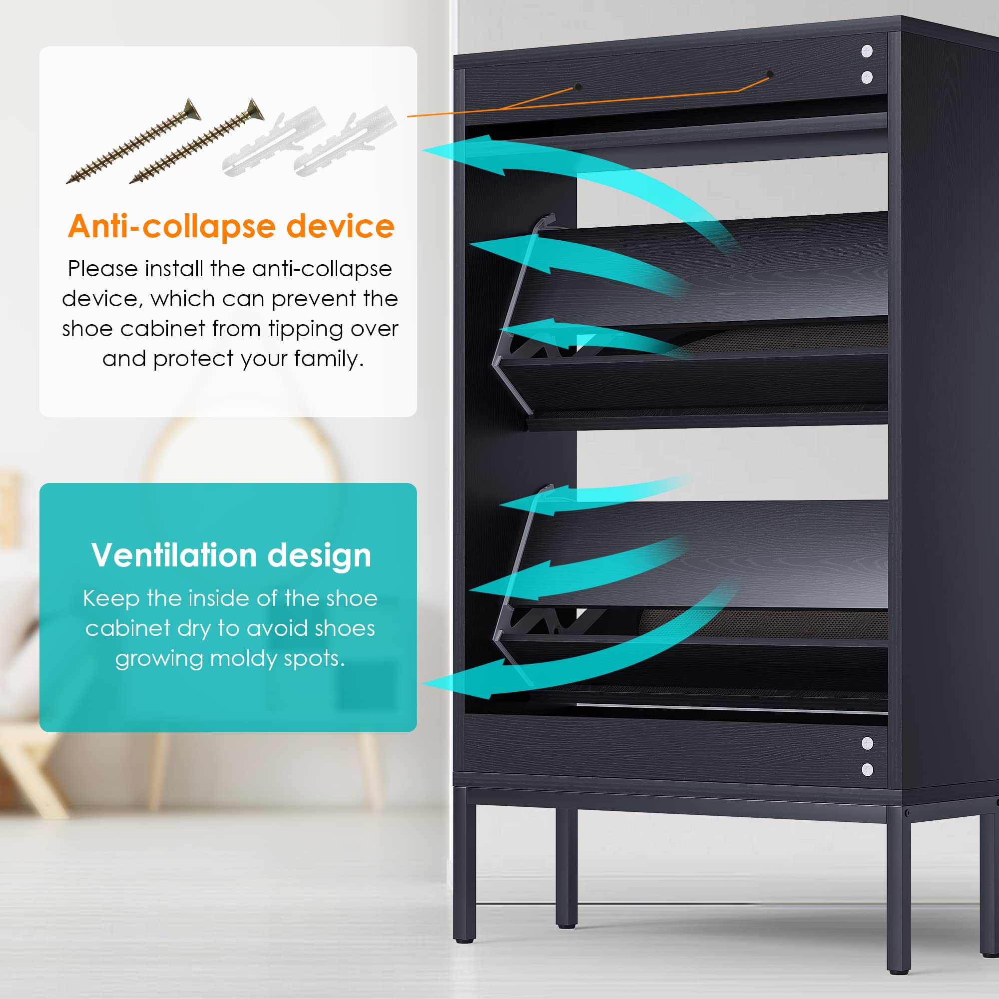 Yechen Shoe Rack Storage Organizer with 2 Natural Semi-Circular Rattan Doors, Entryway Wooden Shoe Cabinet for Sneakers, Leather Shoes, High Heels, Slippers (Black)