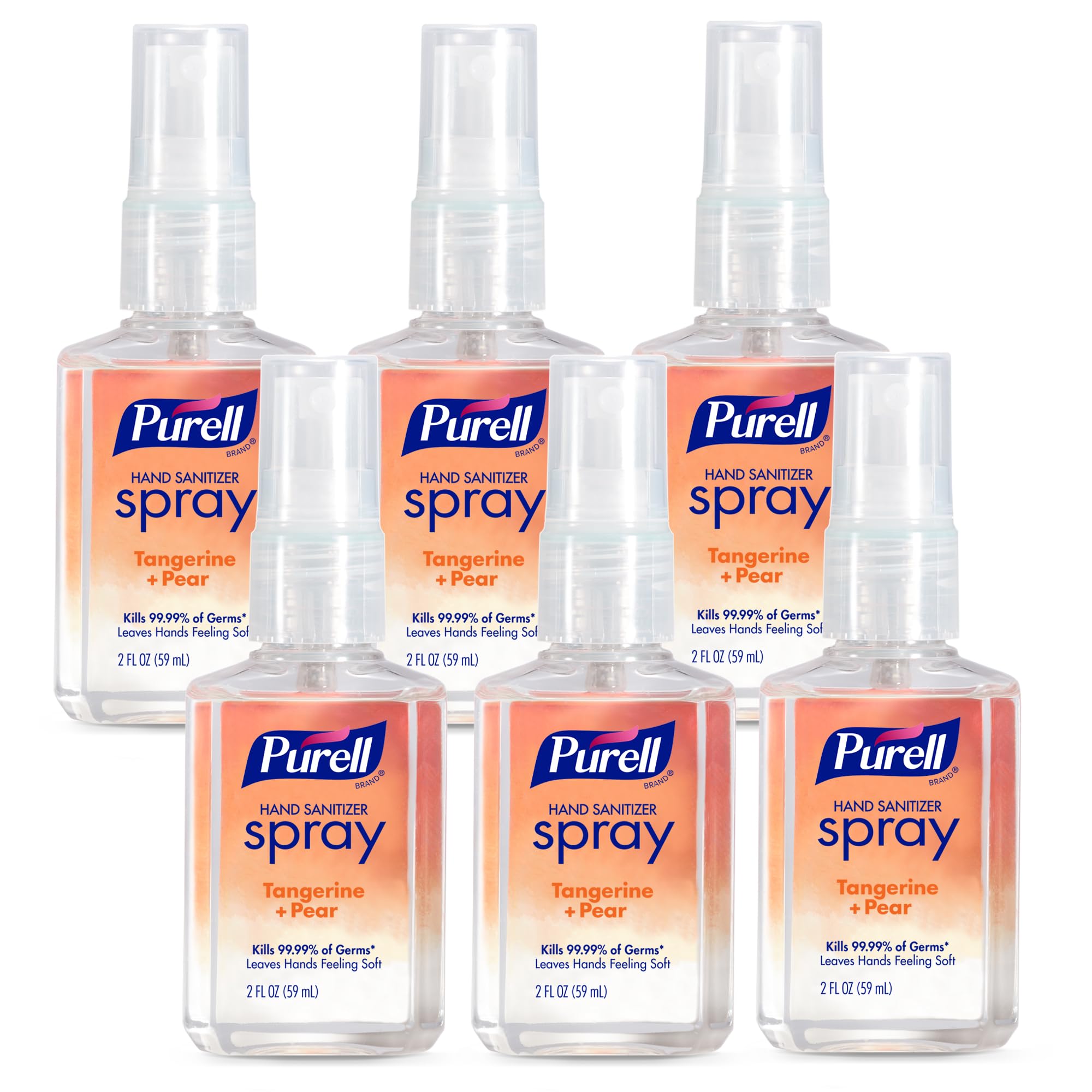 PURELL Hand Sanitizer Spray, Infused with Essential Oils, Tangerine and Pear Scent, 2 fl oz Travel-Size Pump Bottle (Pack of 6) – 2025-04-EC
