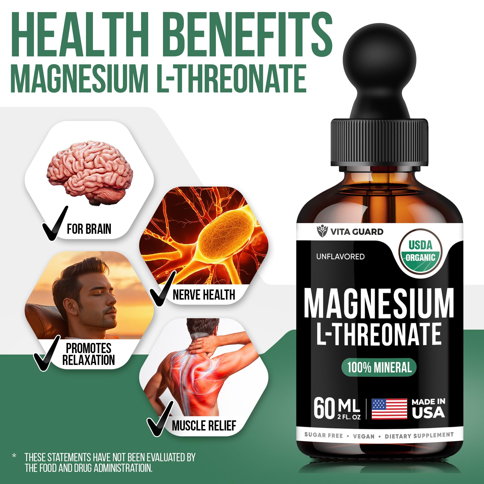 Vita Guard Magnesium L-Threonate Liquid Drops - 500mg Vegan Formula for Brain Health & Stress Relief, Unflavored, 60ML 2 fl oz | Gluten-Free, Non-GMO