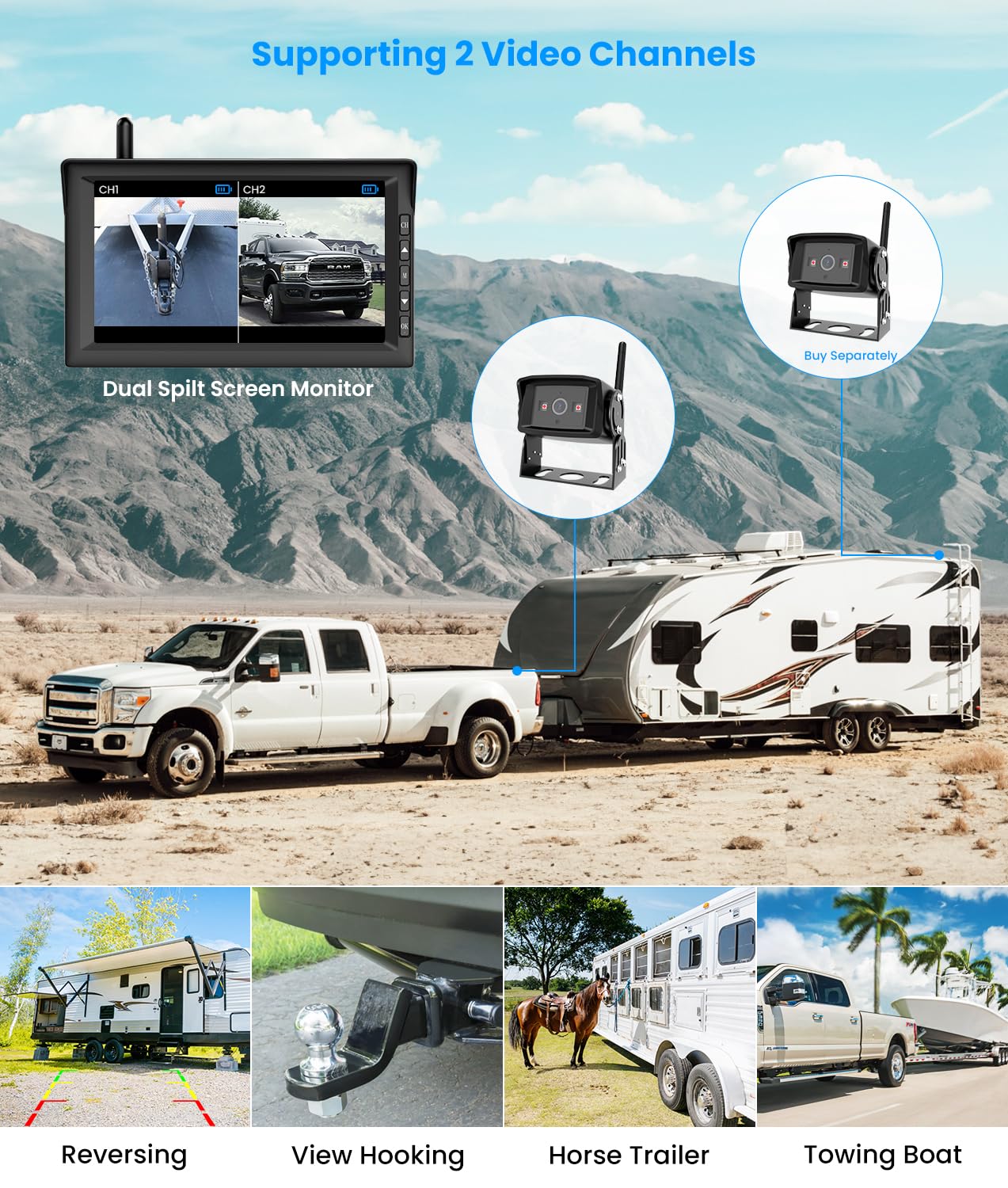 AUTO-VOX RV Backup Camera Wireless 7" 1080P HD Split Screen Monitor, IR Night Vision Rear View Camera Systems, IP69K Waterproof Easy Hitch Trailer Back Up Camera for Truck/Camper/5th Wheel/Motorhome