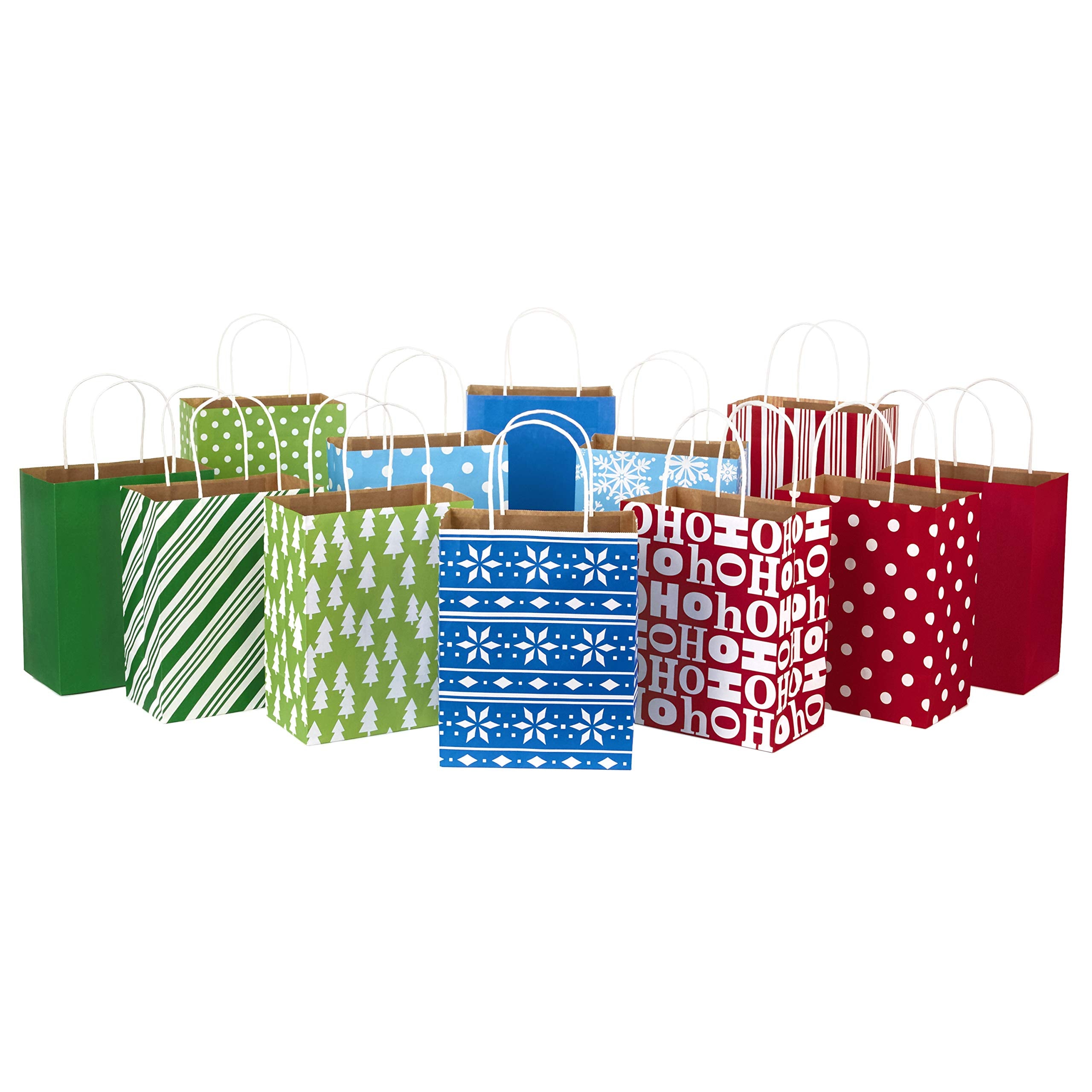 Hallmark 9" Medium Holiday Gift Bag Assortment (Pack of 12, Solids and Prints in Red, Green, Blue) Paper Gift Bags with Christmas Trees, Stripes, Polka Dots, Ho Ho Ho and More