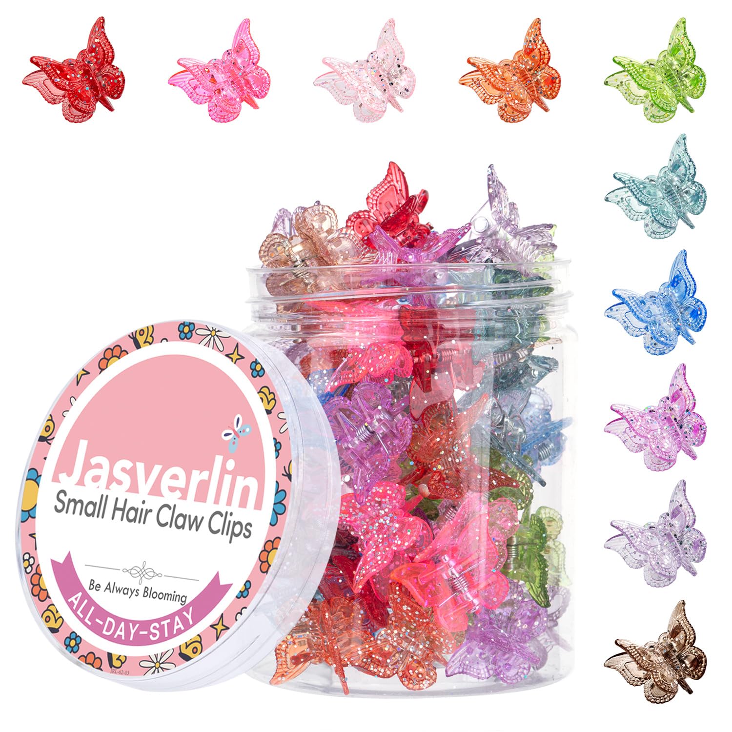 JASVERLIN Glitter Mini Butterfly Hair Claw Clips, Sparkly Colorful Hair Accessories for Girls and Women - 90s Y2K Cute, Small, Tiny Clip in 10 Assorted Colors, Set of 50 (Glitter Color)