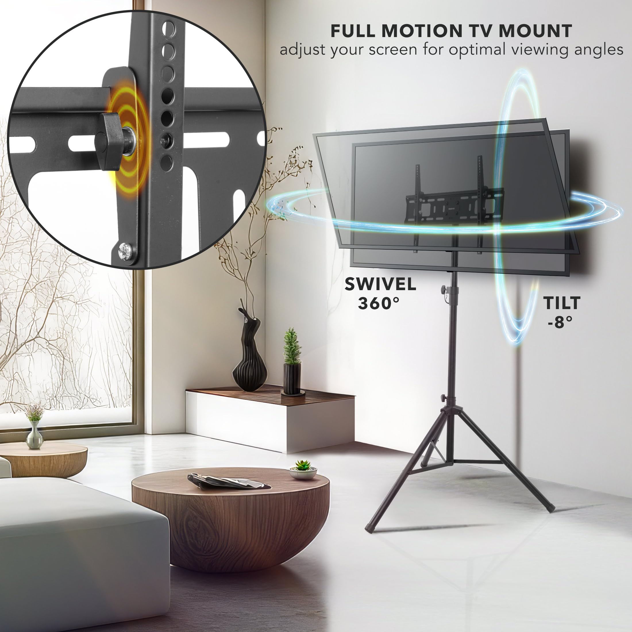 Mount-It! Tripod TV Stand – Portable TV Tripod for Flat Screens 32-70 Inch – Indoor/Outdoor Height Adjustable Stand, VESA 200x200 to 600x400, for LCD, LED, OLED, Curved TVs, Holds up to 77lbs