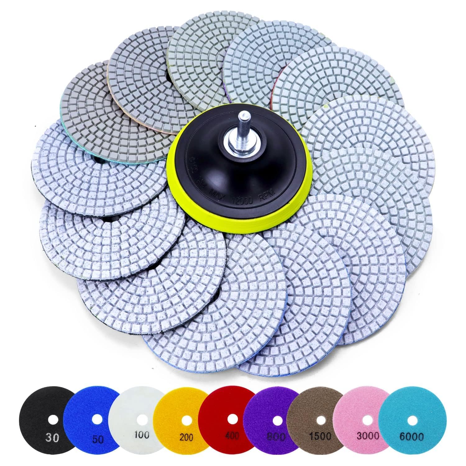 16PCS Wet Dry Diamond Sanding Pads Kit 4 Inch Diamond Polishing Pad 30-6000 Grit with 5/8''-11 Thread Backer Plate for Concrete Marble Quartz Granite Countertop Stone & Tile Polishing(3.9 Inch)