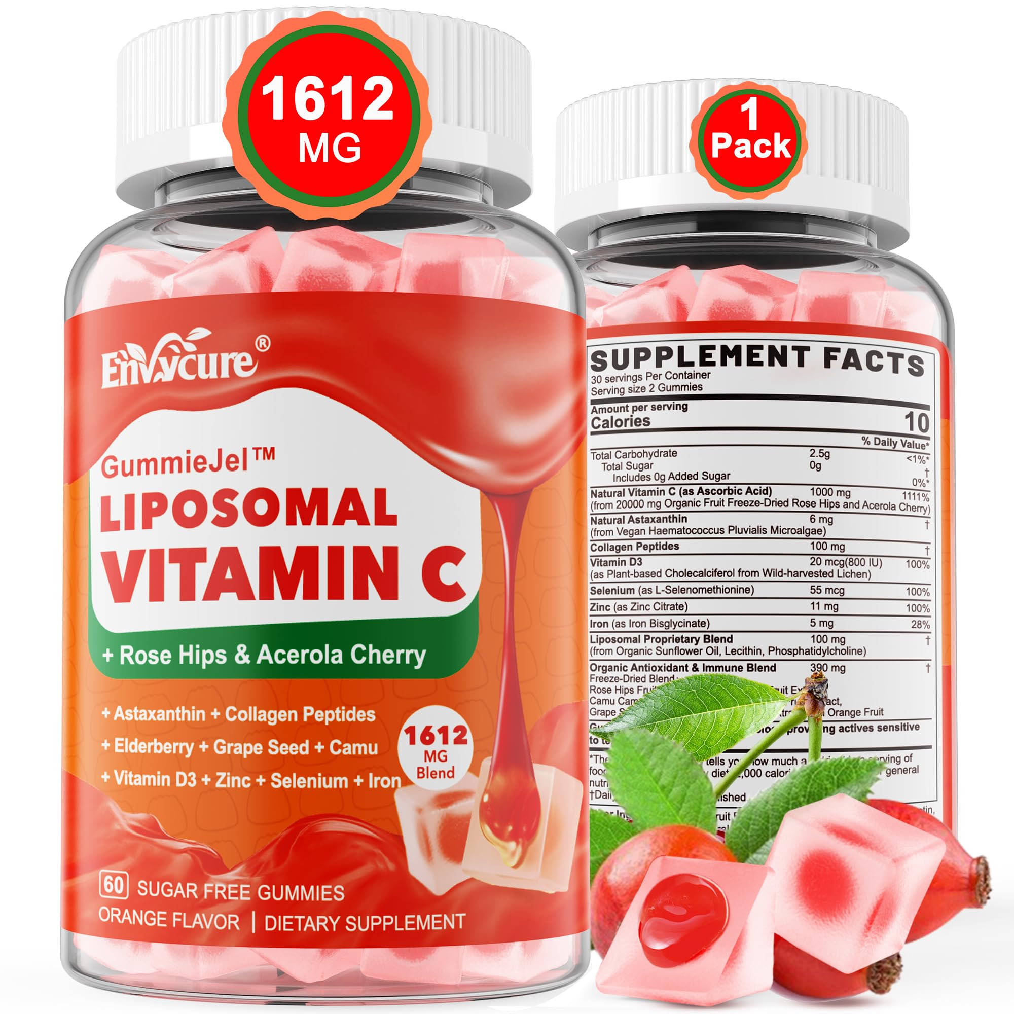 Sugar Free Liposomal Vitamin C 1000mg Filled Gummies for Adults & Kids, 1612mg w/Rose Hips,Acerola,D3, Zinc,Elderberry, Bioflavonoid, Astaxanthin,Camu,Iron - Natural Organic Chewable Vitamin C Gummies