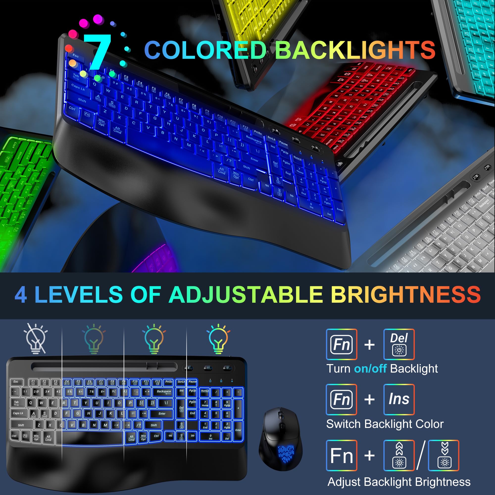 Wireless Keyboard and Mouse Combo Telylou Ergonomic Quiet Keyboard Mouse Combo 7 Backlit Effects, Wrist Rest, Phone Tablet Holder 2.4GHz Ergonomic Mouse and Keyboard for Windows, Mac, Computer, PC