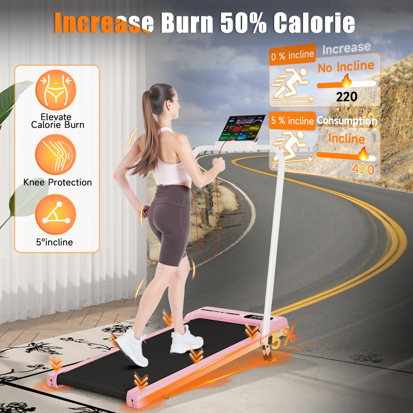 Incline Walking Pad with Handle Bar, Foldable Portable Under Desk Treadmill for Home Office, Ultra Quiet <45dB, Safety Lock, 300+ LB Capacity, Pink