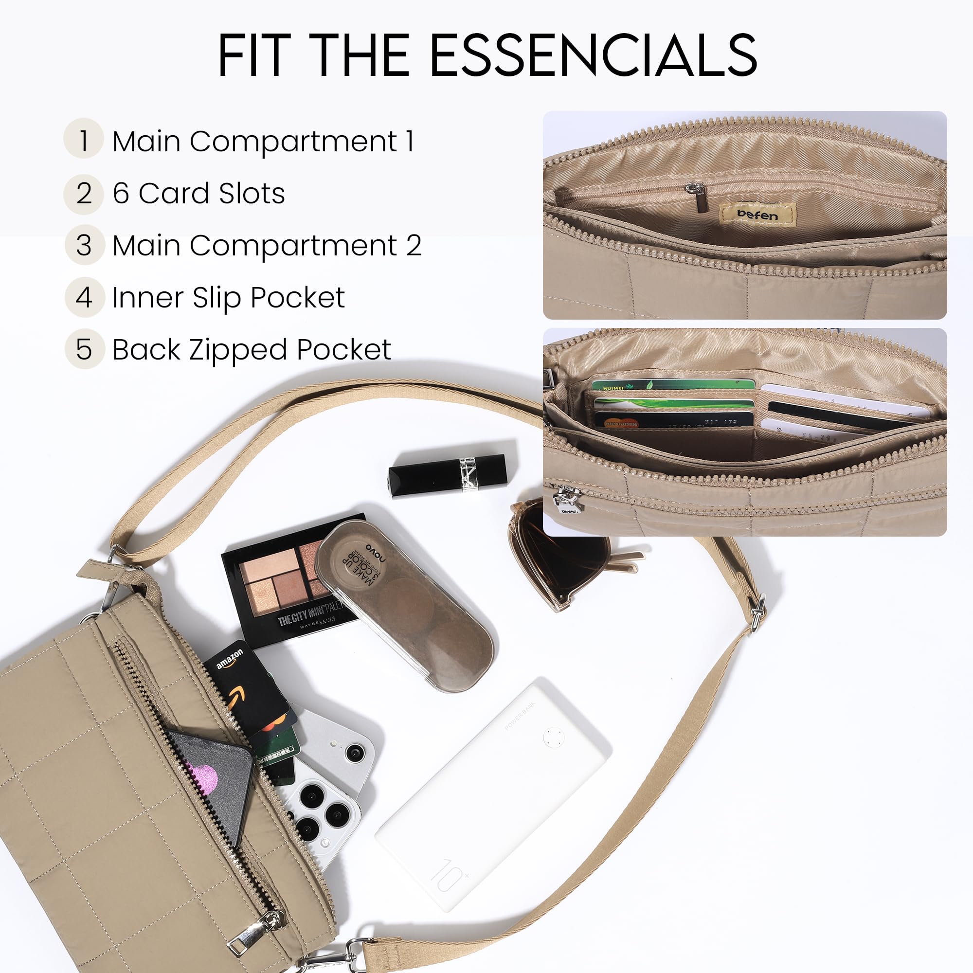 befen Puffer Crossbody Wristlet Bag for Women, RFID-Blocking Crossbody Purse Built-In Wallet, Lightweight Quilted Shoulder Handbag for Travel with Adjustable Guitar Strap &Wrist Strap, Khaki
