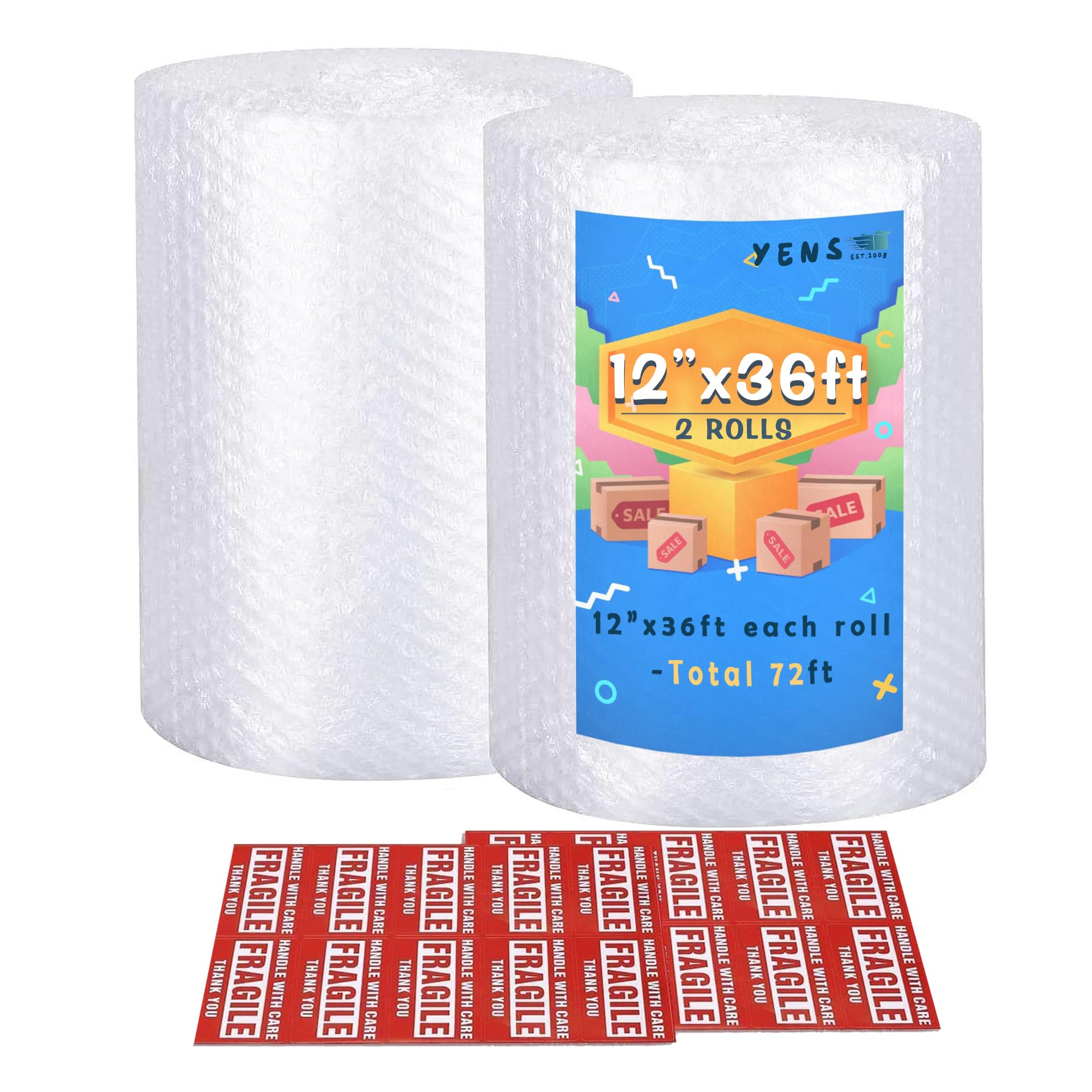 Yens Nylon Bubble Cushioning Rolls 72 ft 12 Inch width Packing Materials 3/16" AIR Bubble Perforated every 12" wrap 20 bonus Fragile Stickers