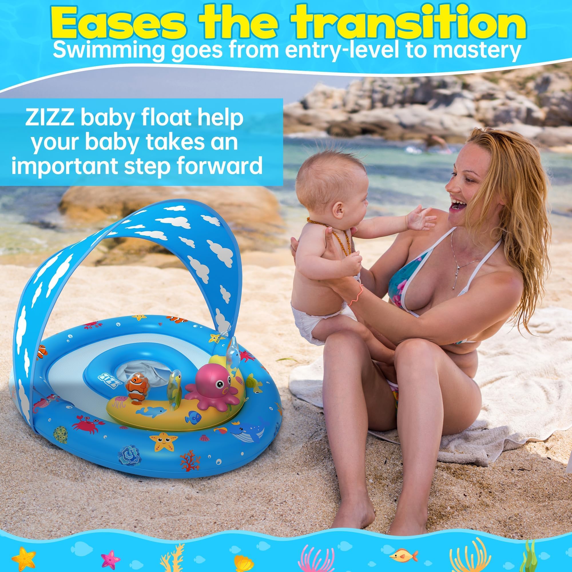 ZIZZ Baby Swim Float Toys - Baby Pools 6-12 Months, Pool Float with Canopy Swimming Toys for Baby 6-12 Months & 1 2 Year Old Toddler Summer Outdoor Play Kids Boy Girl Gifts