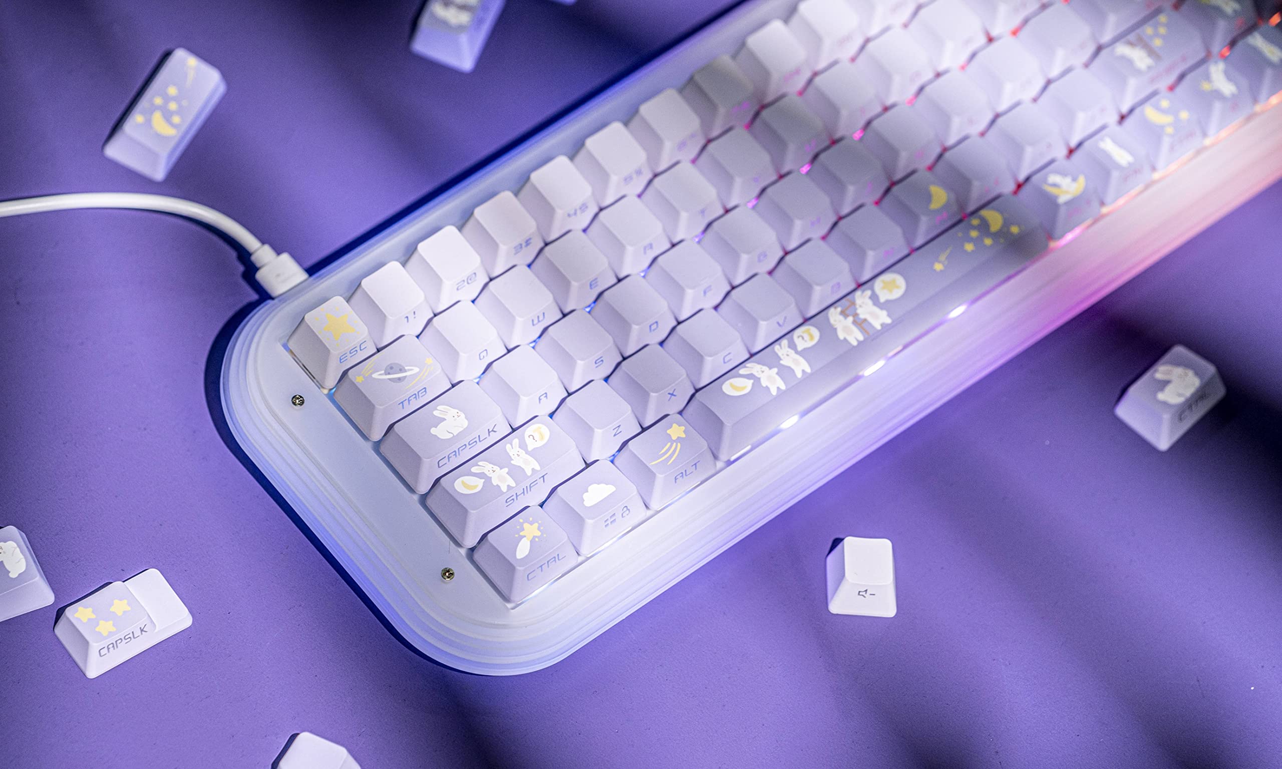 EPOMAKER Moonlit Bunny 138 PBT Keycaps Set, Side-printed, Side-lit Shine Through Five-side Dye Sublimation OEM Profile Gradient Keys for Mechanical Gaming Keyboard