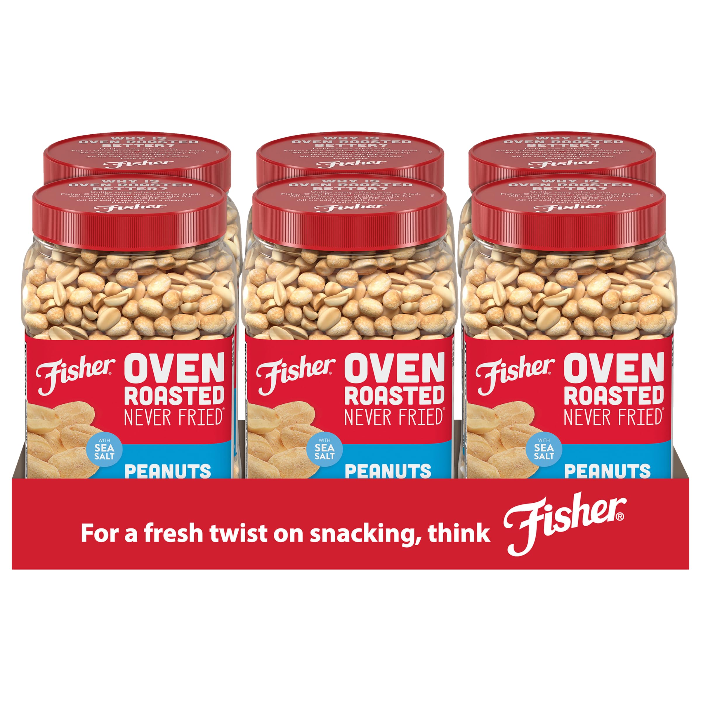 Fisher Oven Roasted Never Fried Peanuts, 24 Ounces (Pack of 6), Snacks for Adults, Made With Sea Salt, No Added Oils, Artificial Ingredients or Preservatives, Gluten Free, Vegan Protein, Bulk 