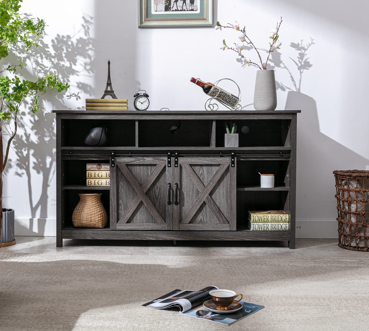 fancyqube Farmhouse Coffee Bar Cabinet, Rustic Sliding Barn Door Storage Cabinet with Power Outlet, Buffet Server Sideboard Cupboard Table for Dining Room Entryway Kitchen (Wash Grey)