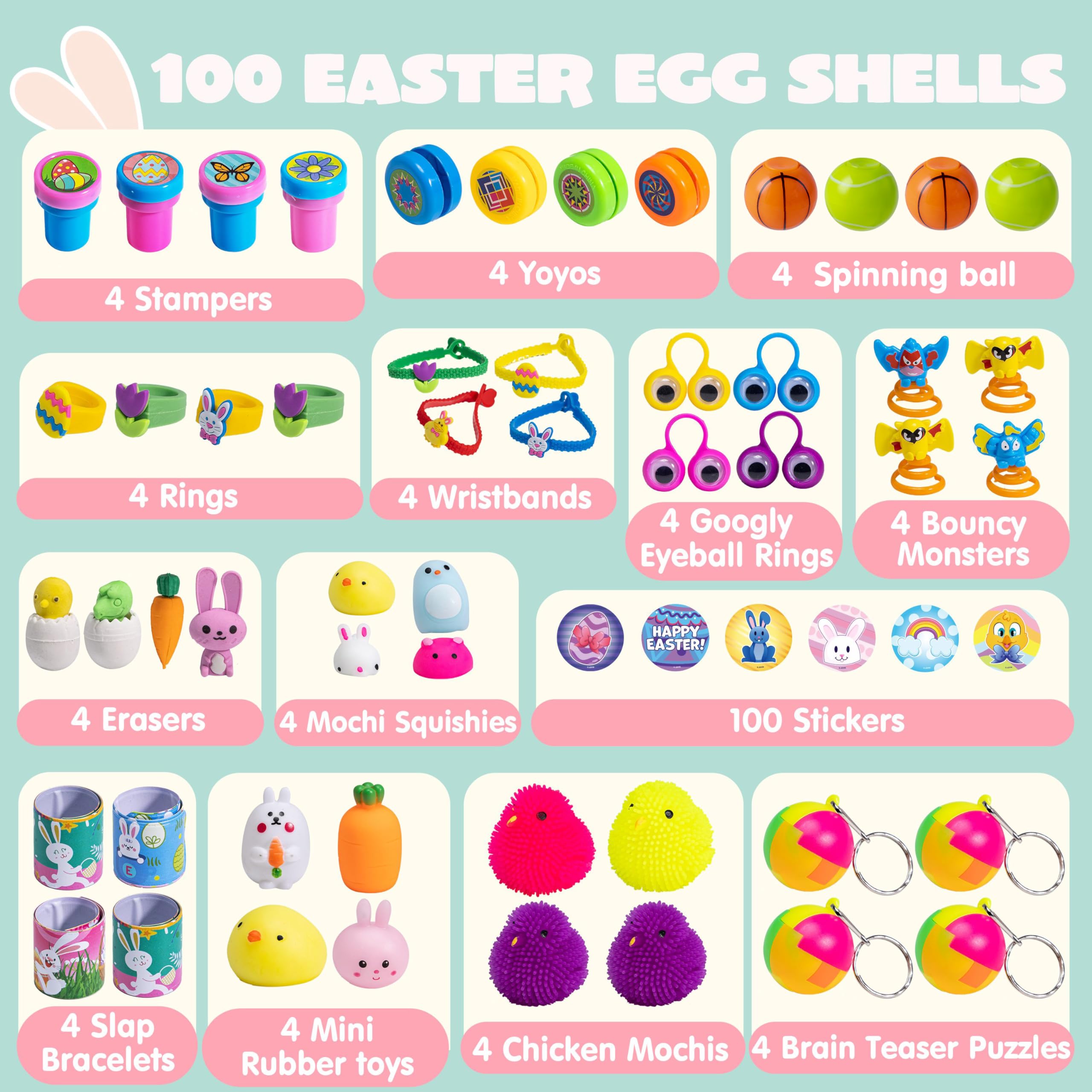 JOYIN 100 PCS Prefilled Easter Eggs with Assorted Toys Plus Stickers Inside, Plastic Eggs for Kids Hunt, Basket Stuffers Fillers, Party Favors, Classroom Prize Supplies