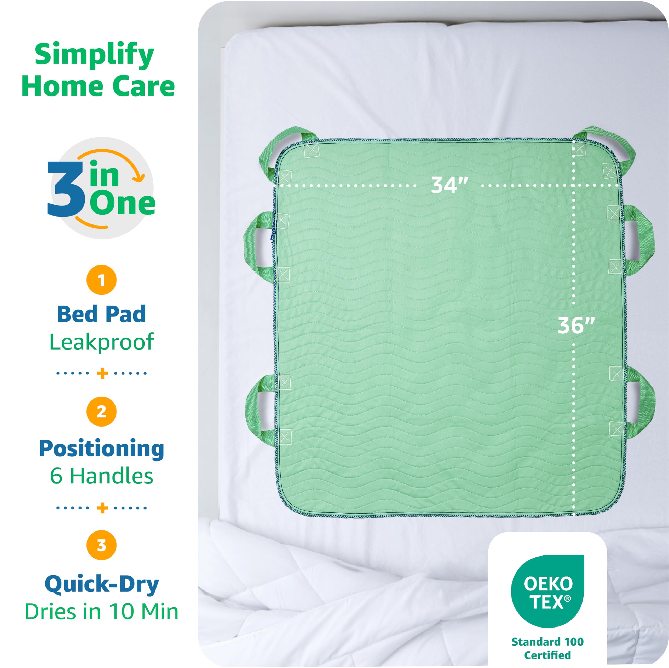 Improvia Transfer Board Bed Pad with Handles – Quick-Drying, 6-Handle Washable, Waterproof, Reusable Pad for Elderly, Bedridden, Transfer, Repositioning, Incontinence, & Mattress Protection, 34x36 In.