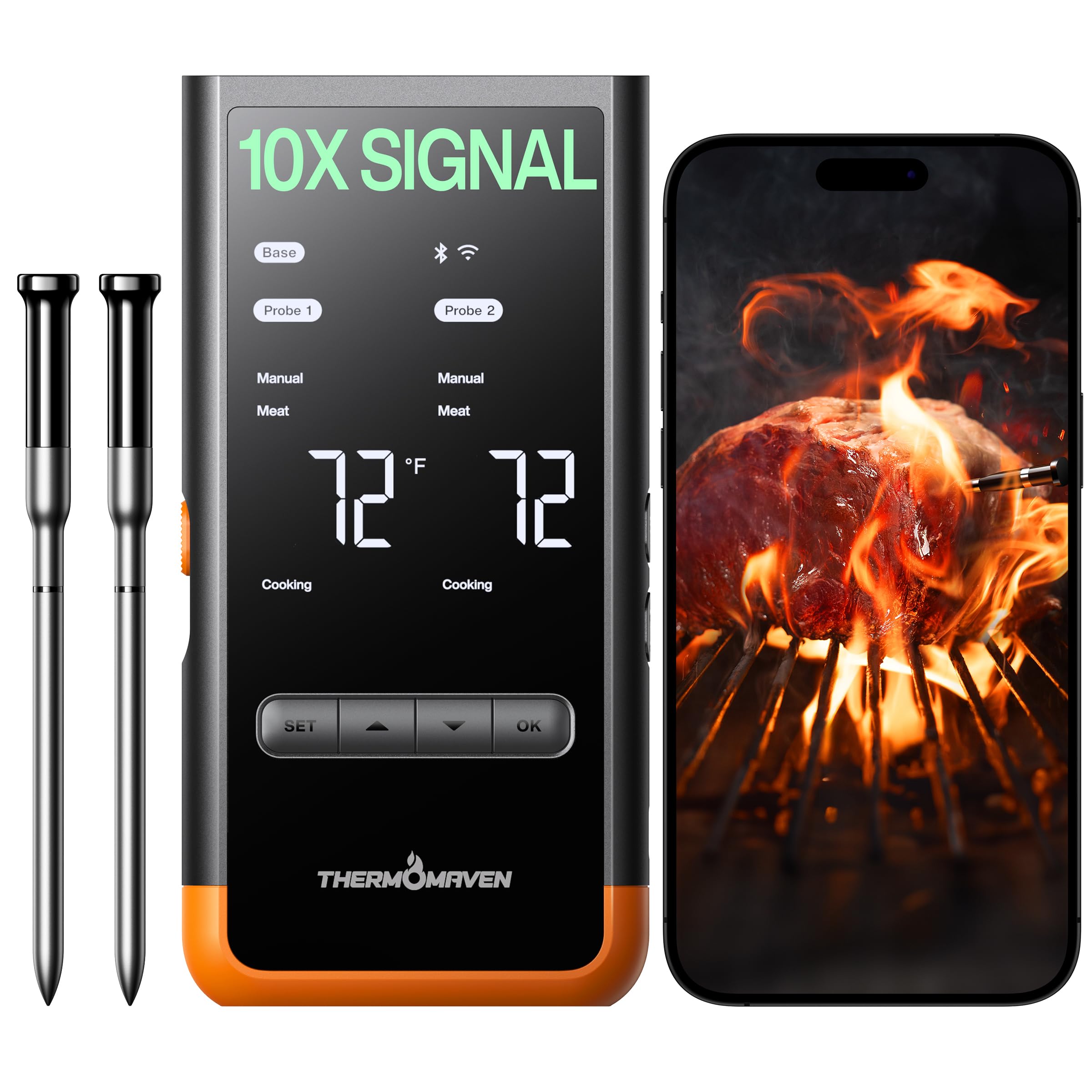 ThermoMaven Wireless Bluetooth Smart Meat Thermometer: Standalone Base, Smart WiFi Thermometer with Sub-1G, 6 Sensors NIST Certified Accuracy, 2 Probes, for BBQ, Grill, Oven, Smoker, Rotisserie