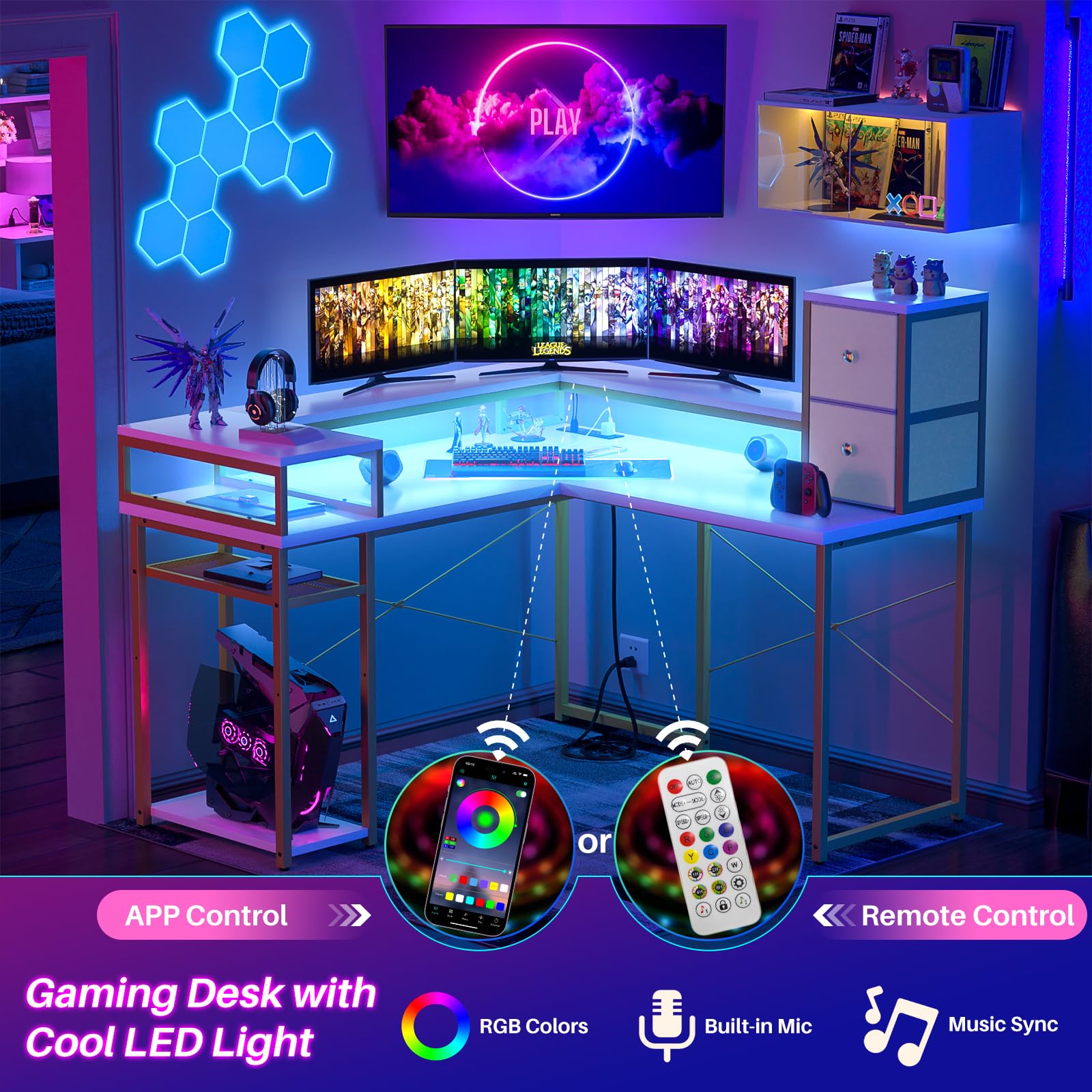 armocity L Shaped Desk with Drawers, Reversible Corner Computer Desk with LED Light & Power Outlet, 55.2'' L-Shaped Gaming Desk with Long Monitor Shelf, Home Office Desk for Small Corner Space, White