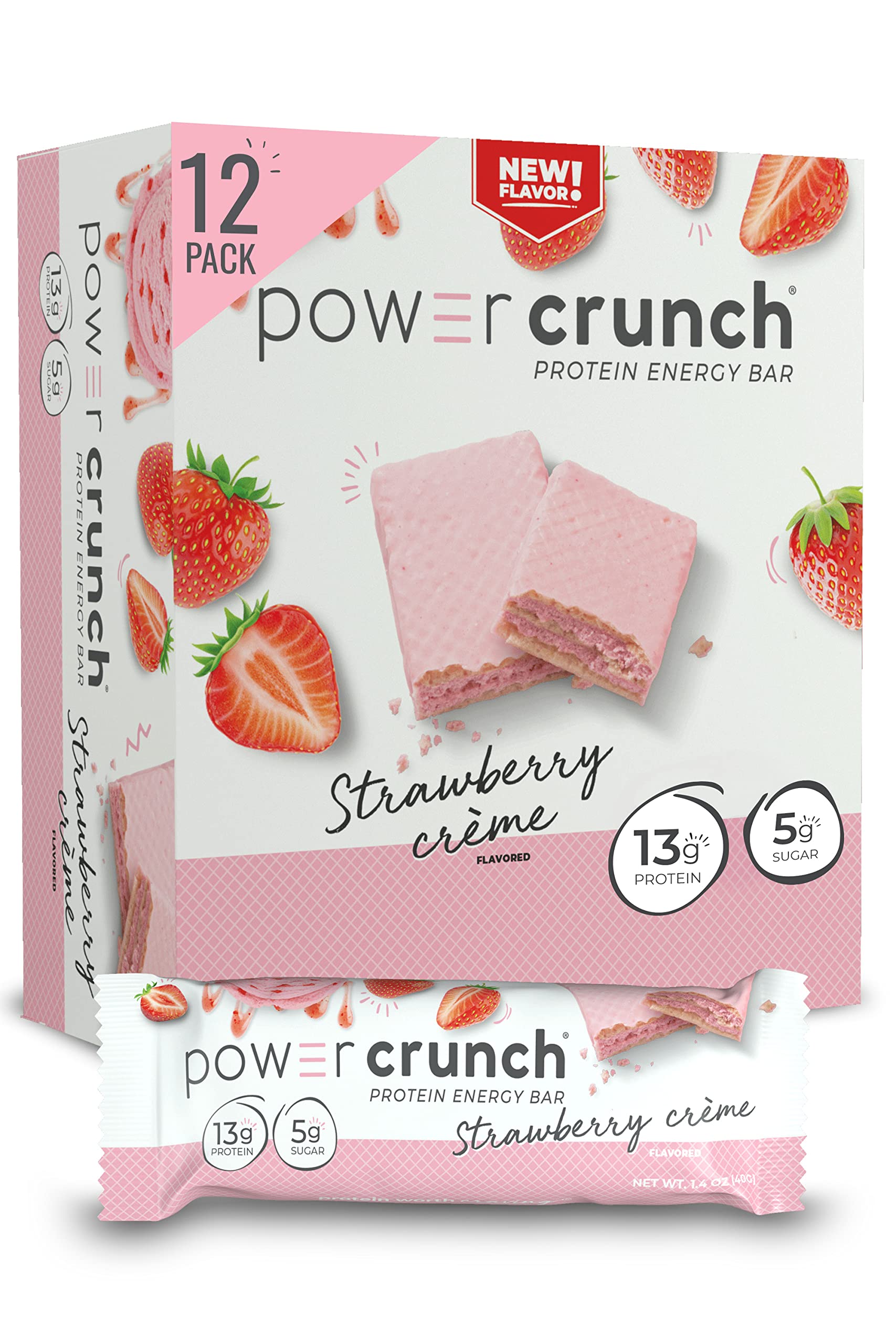 Power Crunch Protein Wafer Bars, High Protein Snacks with Delicious Taste, Strawberry Crème, 1.4 Ounce (12 Count)