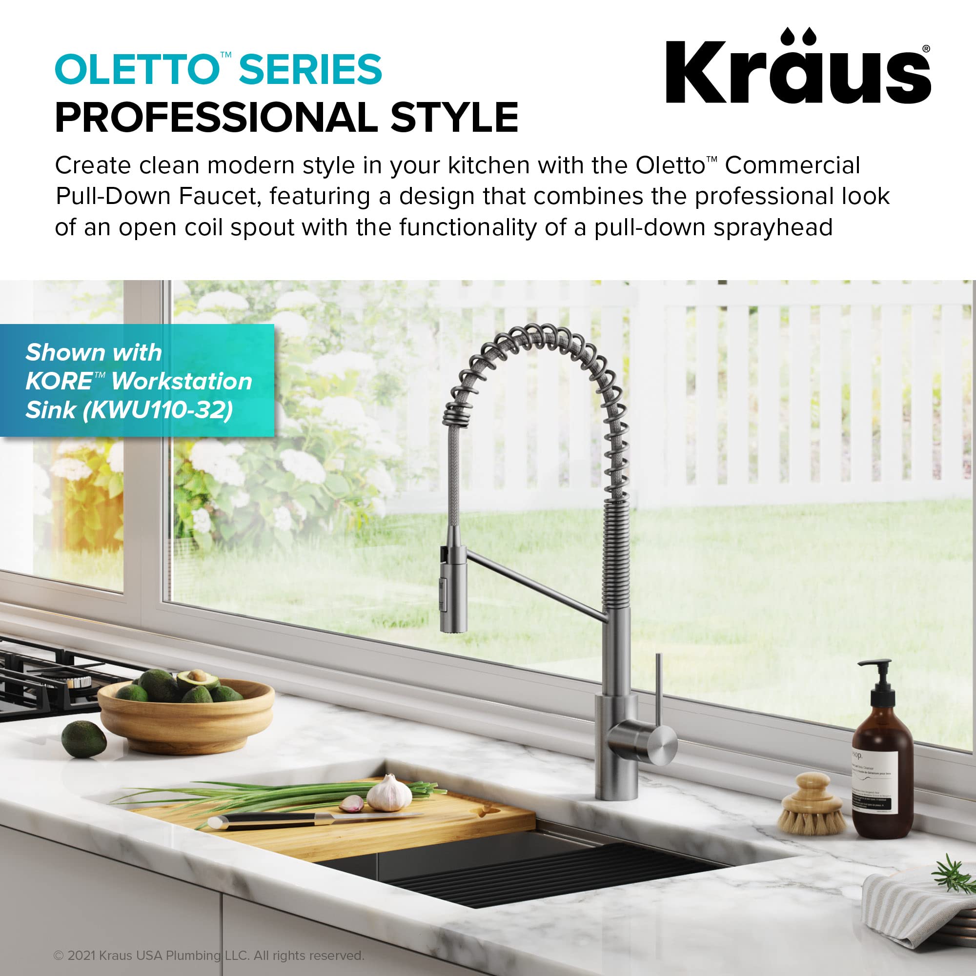 KRAUS Oletto Commercial Style Single Handle Pull Down Kitchen Faucet with QuickDock Top Mount Installation Assembly in Spot Free Stainless Steel, KPF-2631SFS
