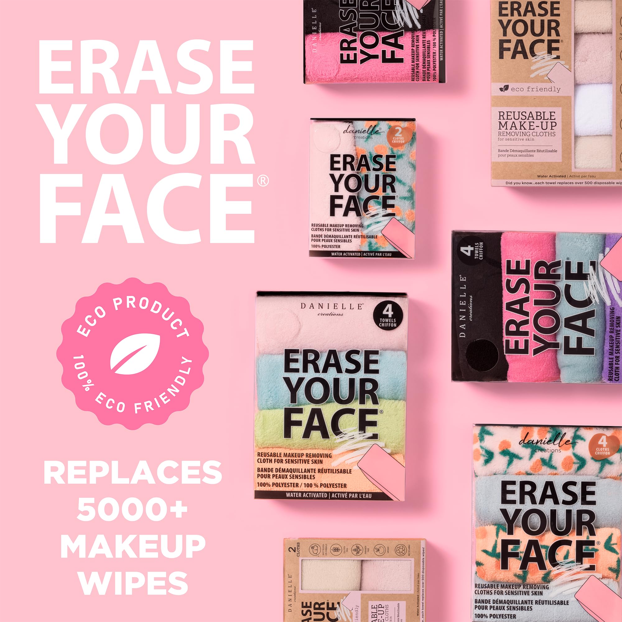 ERASE YOUR FACE Makeup Remover Cloths - Reusable Microfiber Face Towels to Cleanse & Remove Makeup - Water Activated, Dual-Sided Design for Easy Use (4 Count)