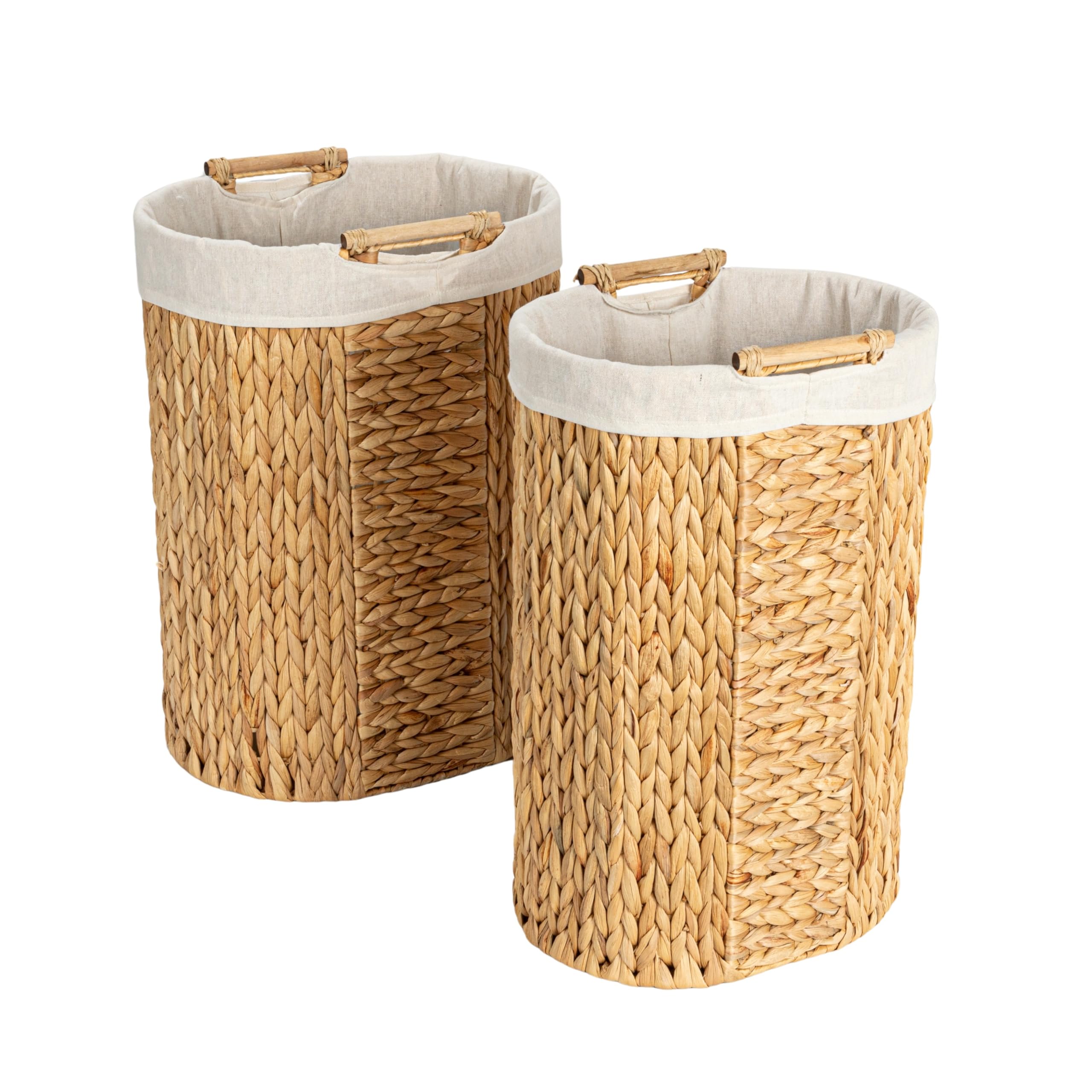 Household Essentials Handwoven Water Hyacinth Oval Hamper Set with Cotton Lining, Natural, Set of 2